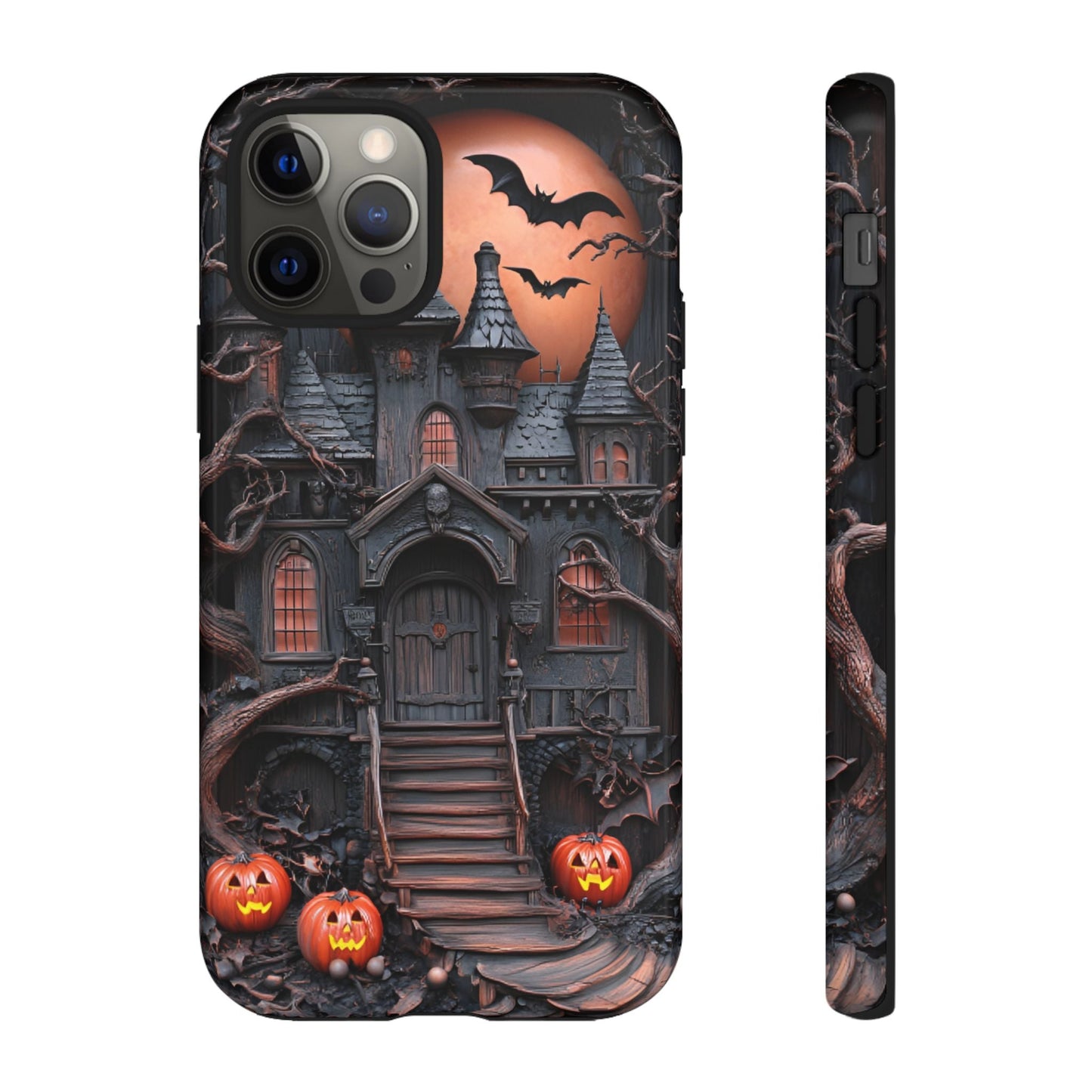 Carved Wood Haunted House Phone Case - Faux Wood Spooky Halloween Phone Cases - iPhone 16 15 14 13 12 11, Samsung Galaxy & Google Pixel Phone Covers - Boo and Bewear