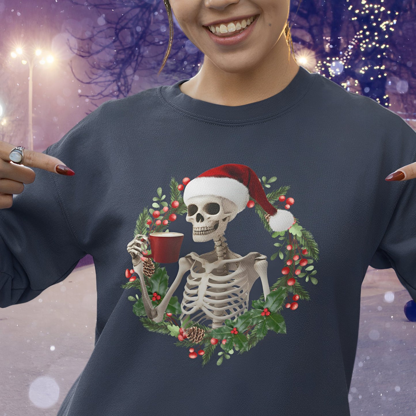 Christmas Skeleton Sweatshirt for Coffee Lovers - Boo and Bewear