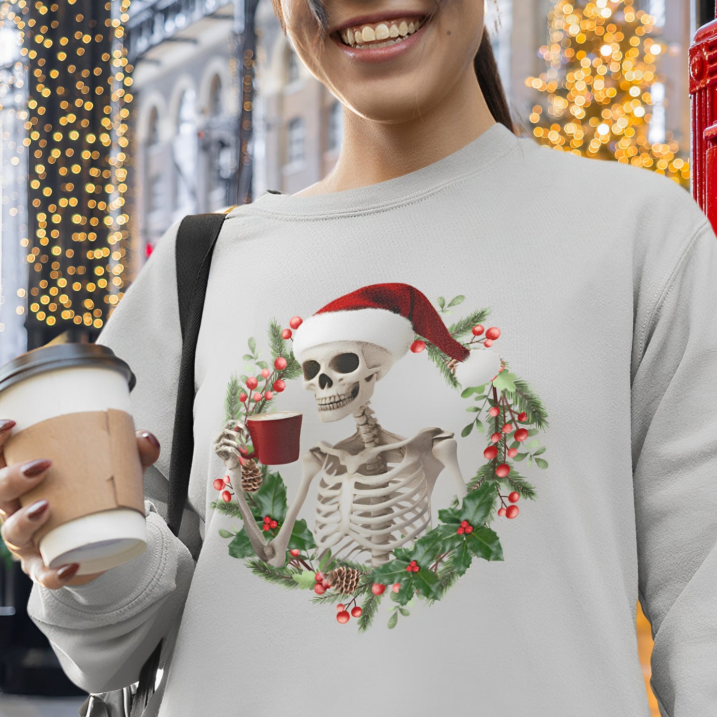 Christmas Skeleton Sweatshirt for Coffee Lovers - Boo and Bewear