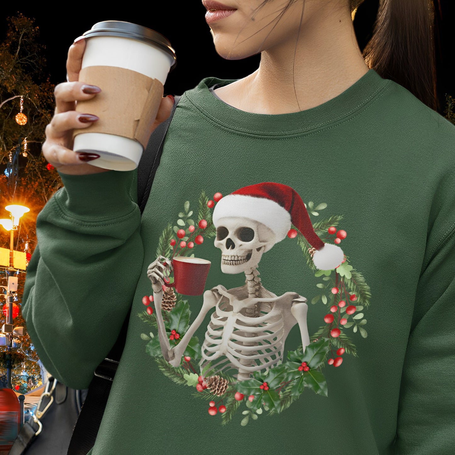 Christmas Skeleton Sweatshirt for Coffee Lovers - Boo and Bewear