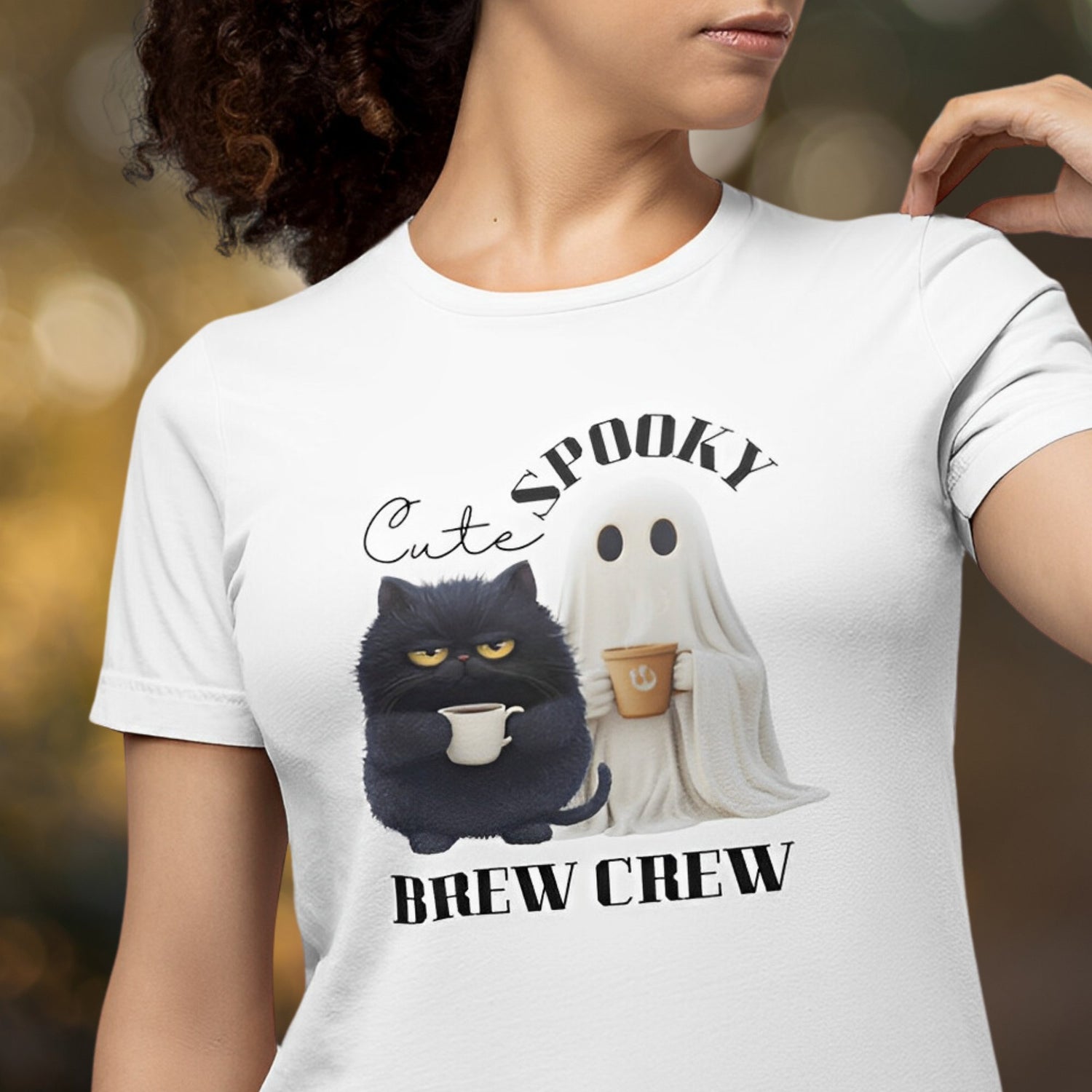 Cute Cat and Spooky Ghost T-Shirt for Coffee Lovers - Brew Crew - Boo and Bewear