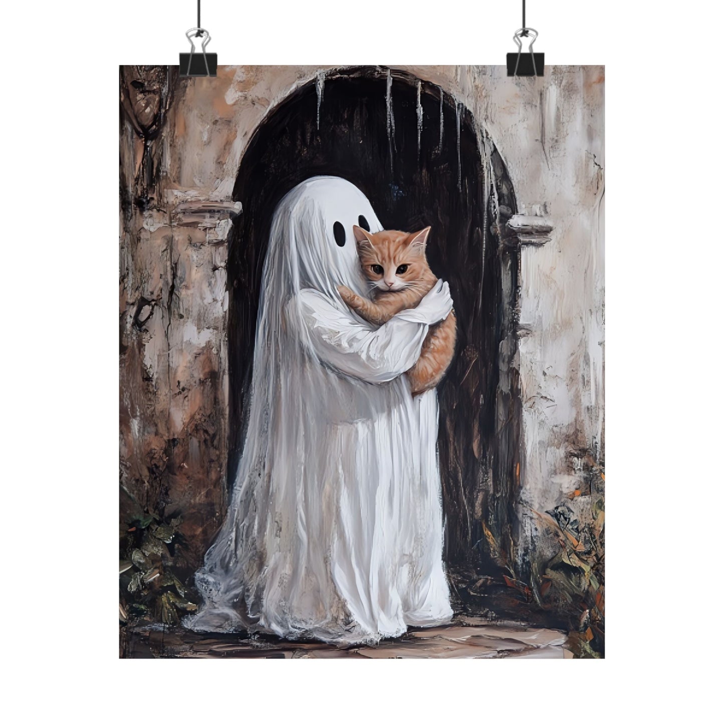 Cute Ghost and Cat Painting - Halloween Wall Art Print - Spooky Season Home Decor Poster for Cat Lovers - Boo and Bewear