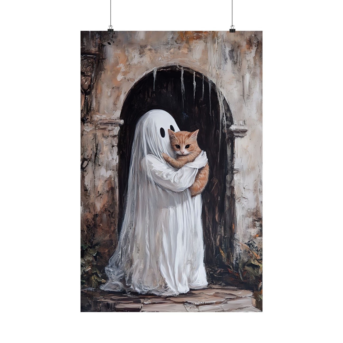 Cute Ghost and Cat Painting - Halloween Wall Art Print - Spooky Season Home Decor Poster for Cat Lovers