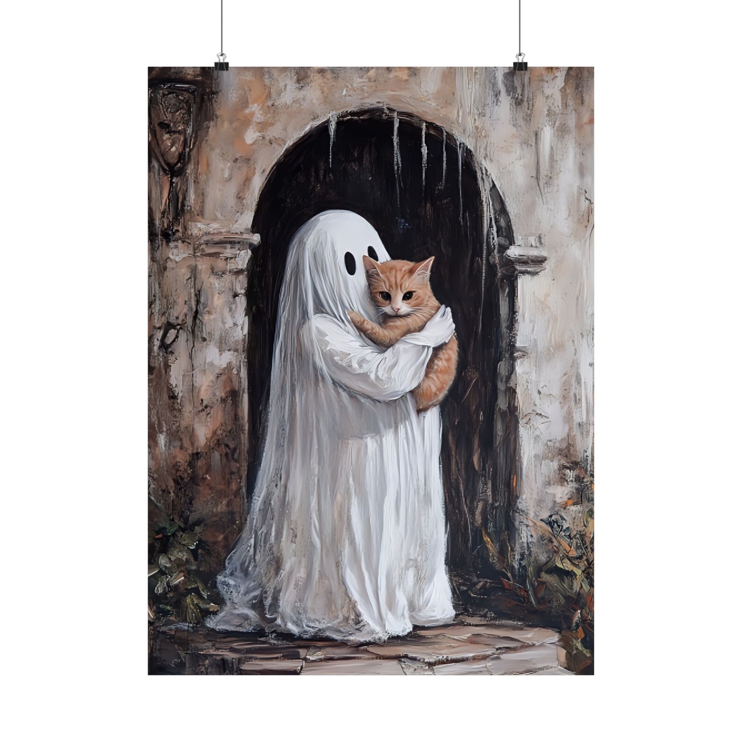 Cute Ghost and Cat Painting - Halloween Wall Art Print - Spooky Season Home Decor Poster for Cat Lovers - Boo and Bewear