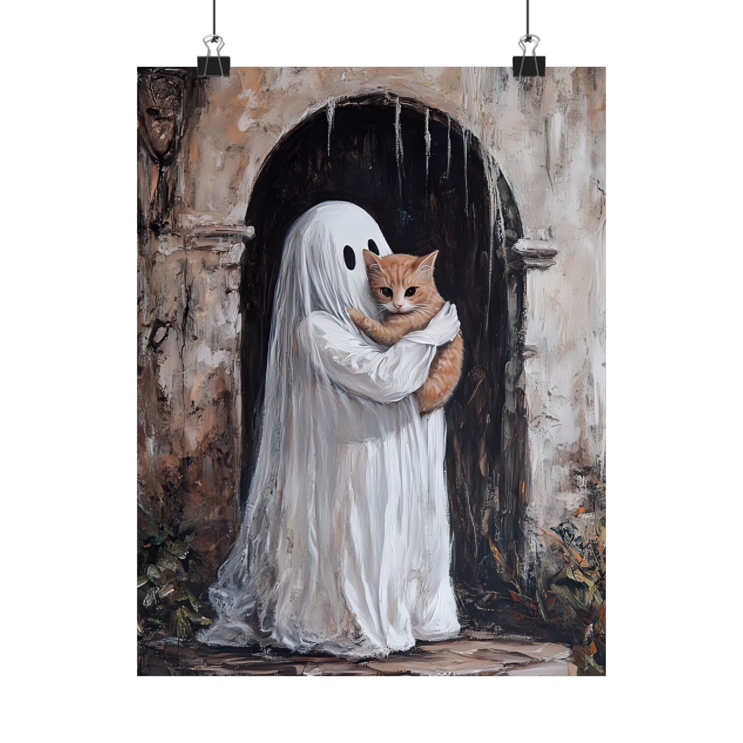 Cute Ghost and Cat Painting - Halloween Wall Art Print - Spooky Season Home Decor Poster for Cat Lovers - Boo and Bewear