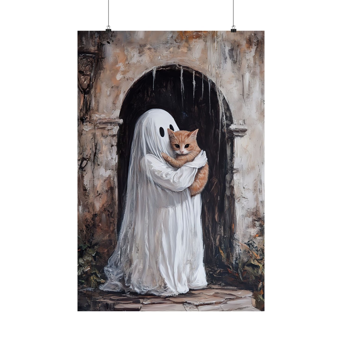 Cute Ghost and Cat Painting - Halloween Wall Art Print - Spooky Season Home Decor Poster for Cat Lovers