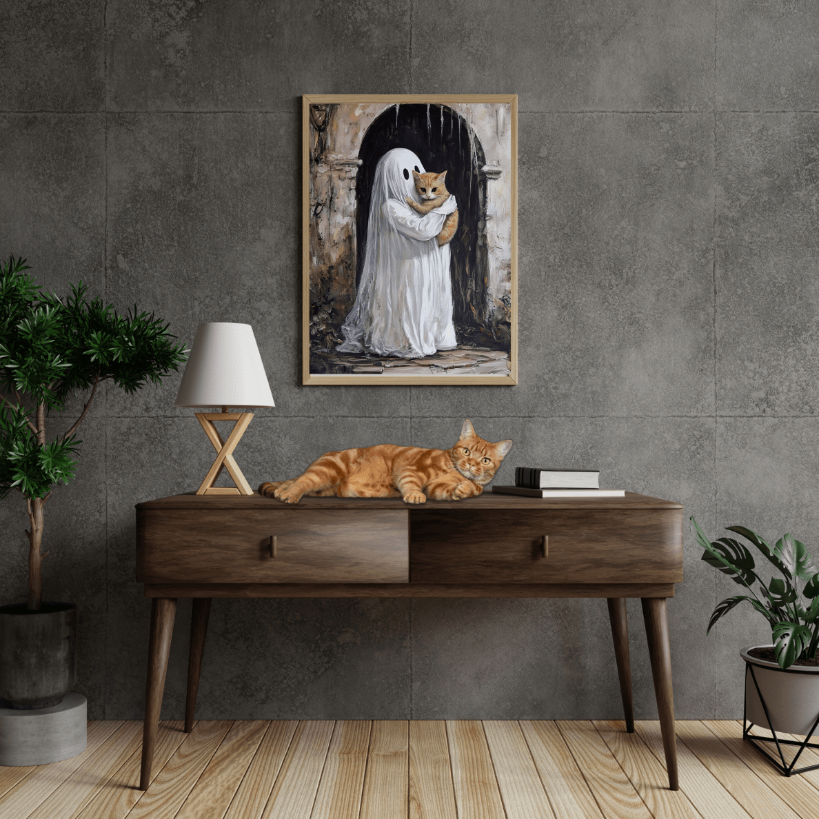 Cute Ghost and Cat Painting - Halloween Wall Art Print - Spooky Season Home Decor Poster for Cat Lovers