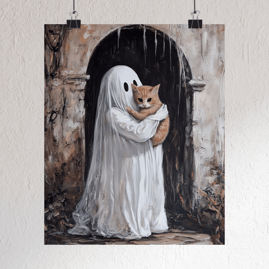 Cute Ghost and Cat Painting - Halloween Wall Art Print - Spooky Season Home Decor Poster for Cat Lovers - Boo and Bewear