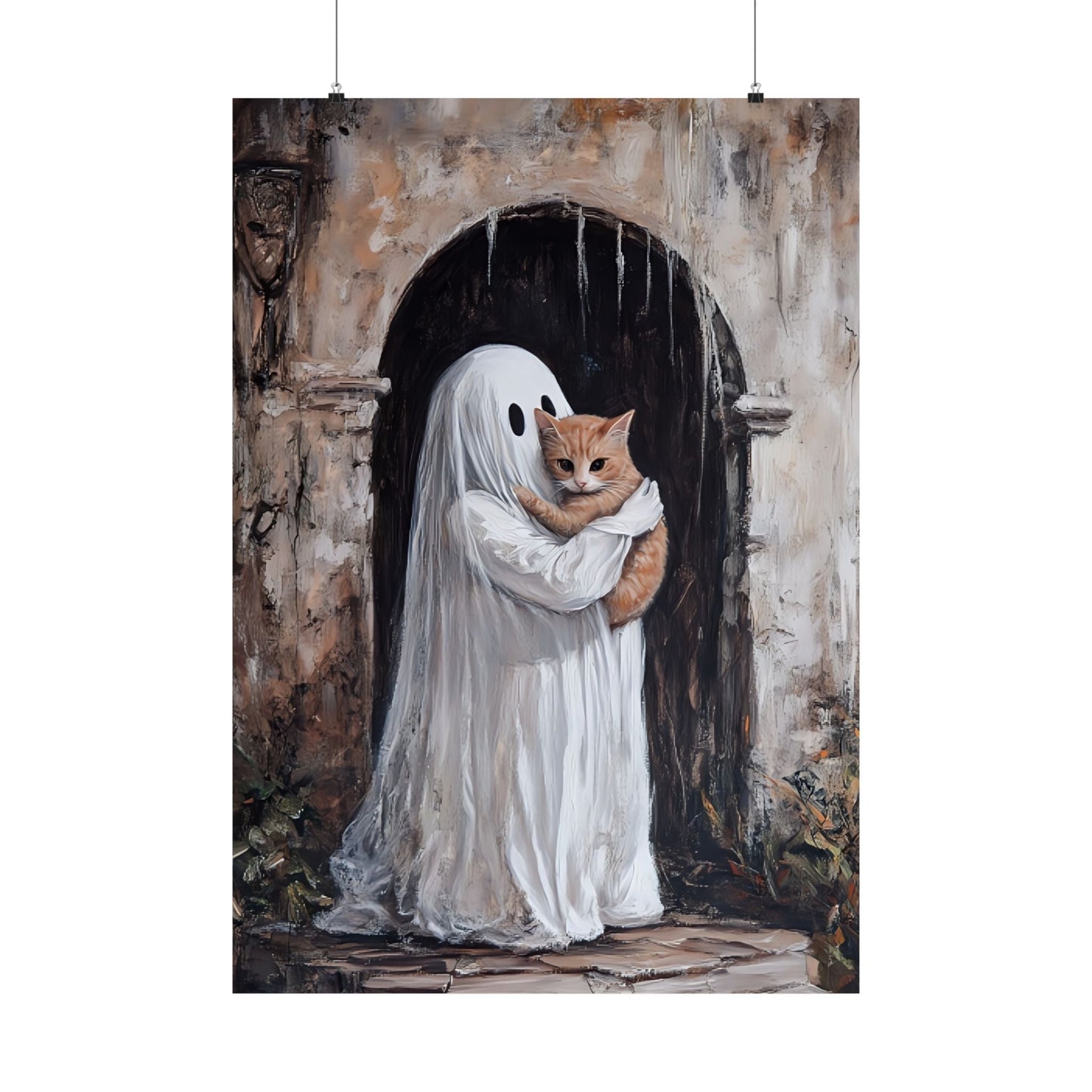 Cute Ghost and Cat Painting - Halloween Wall Art Print - Spooky Season Home Decor Poster for Cat Lovers