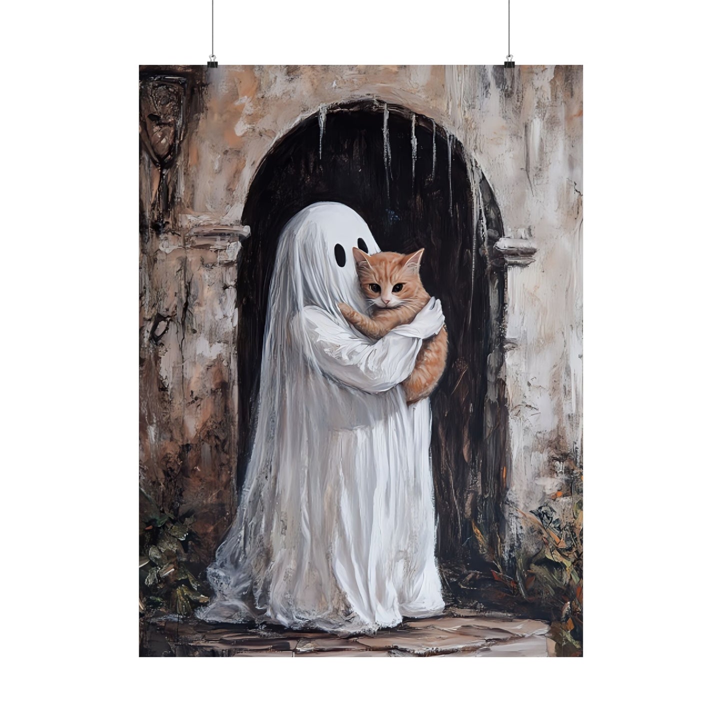 Cute Ghost and Cat Painting - Halloween Wall Art Print - Spooky Season Home Decor Poster for Cat Lovers - Boo and Bewear