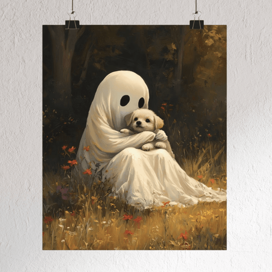 Cute Ghost and Dog Painting - Halloween Wall Art Print - Dog Lover Poster - Boo and Bewear