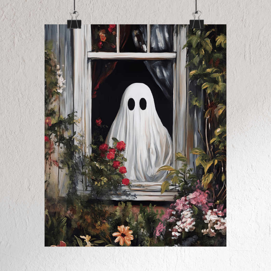 Cute Ghost Painting - Vintage Cottagecore Halloween Wall Art Print - Floral Spooky Season Poster - Boo and Bewear