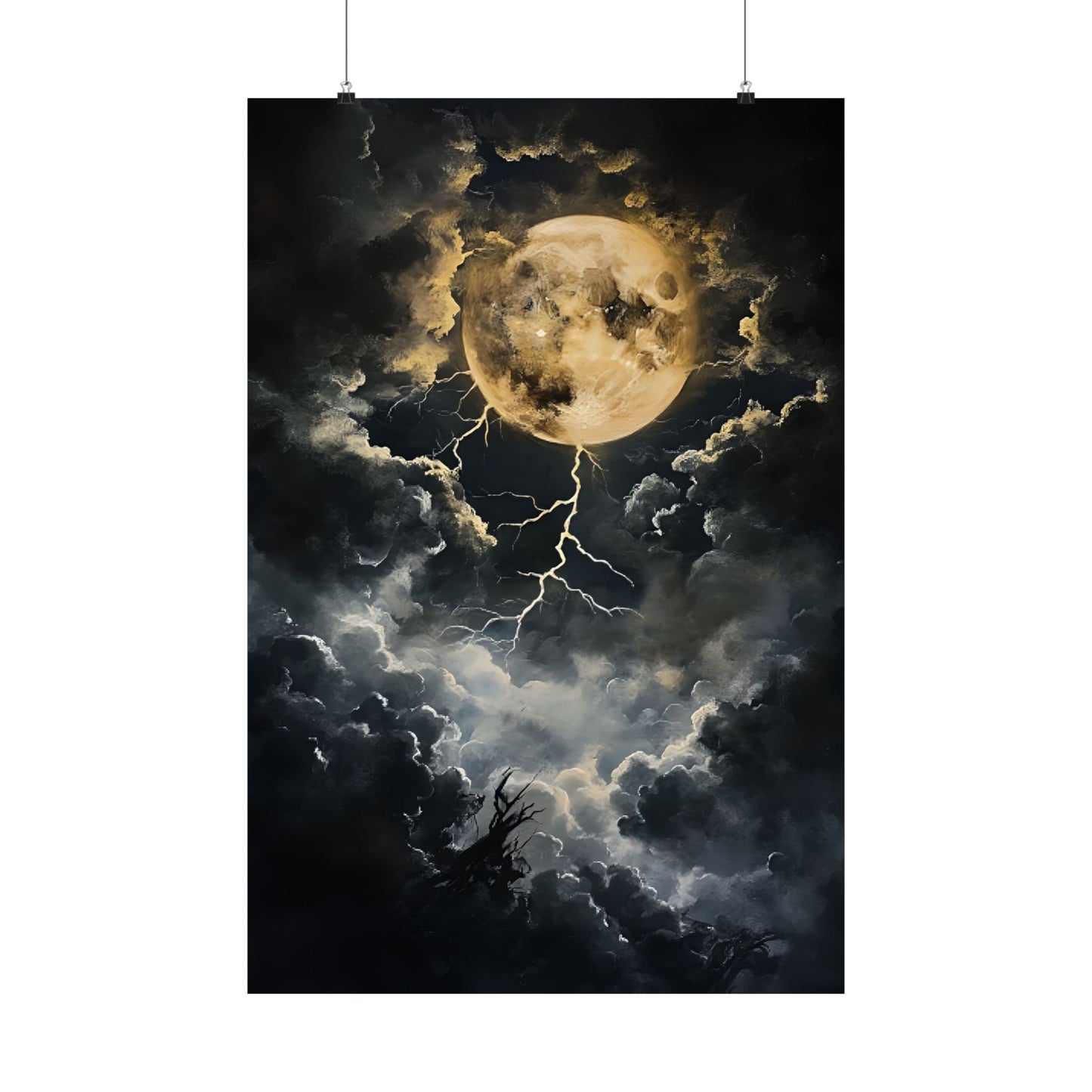 Dark Celestial Moon Wall Art Print - Moody Clouds Painting - Moonlight Night Sky Lightning Poster