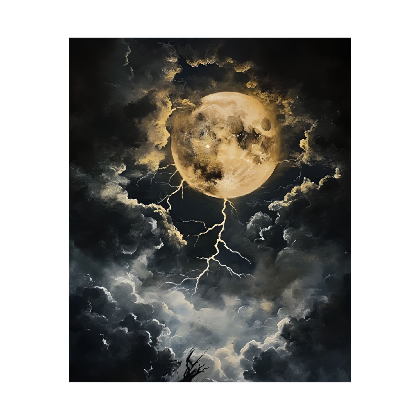 Dark Celestial Moon Wall Art Print - Moody Clouds Painting - Moonlight Night Sky Lightning Poster