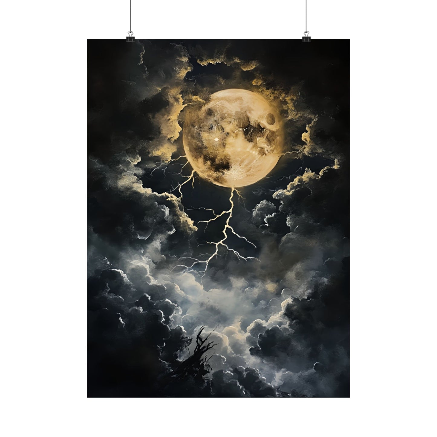 Dark Celestial Moon Wall Art Print - Moody Clouds Painting - Moonlight Night Sky Lightning Poster - Boo and Bewear