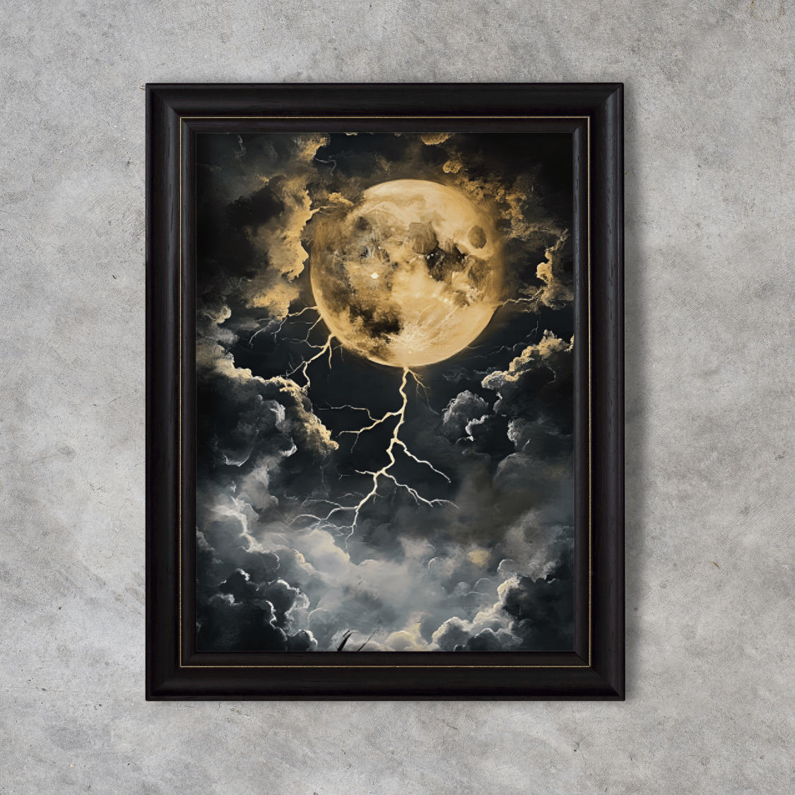 Dark Celestial Moon Wall Art Print - Moody Clouds Painting - Moonlight Night Sky Lightning Poster - Boo and Bewear