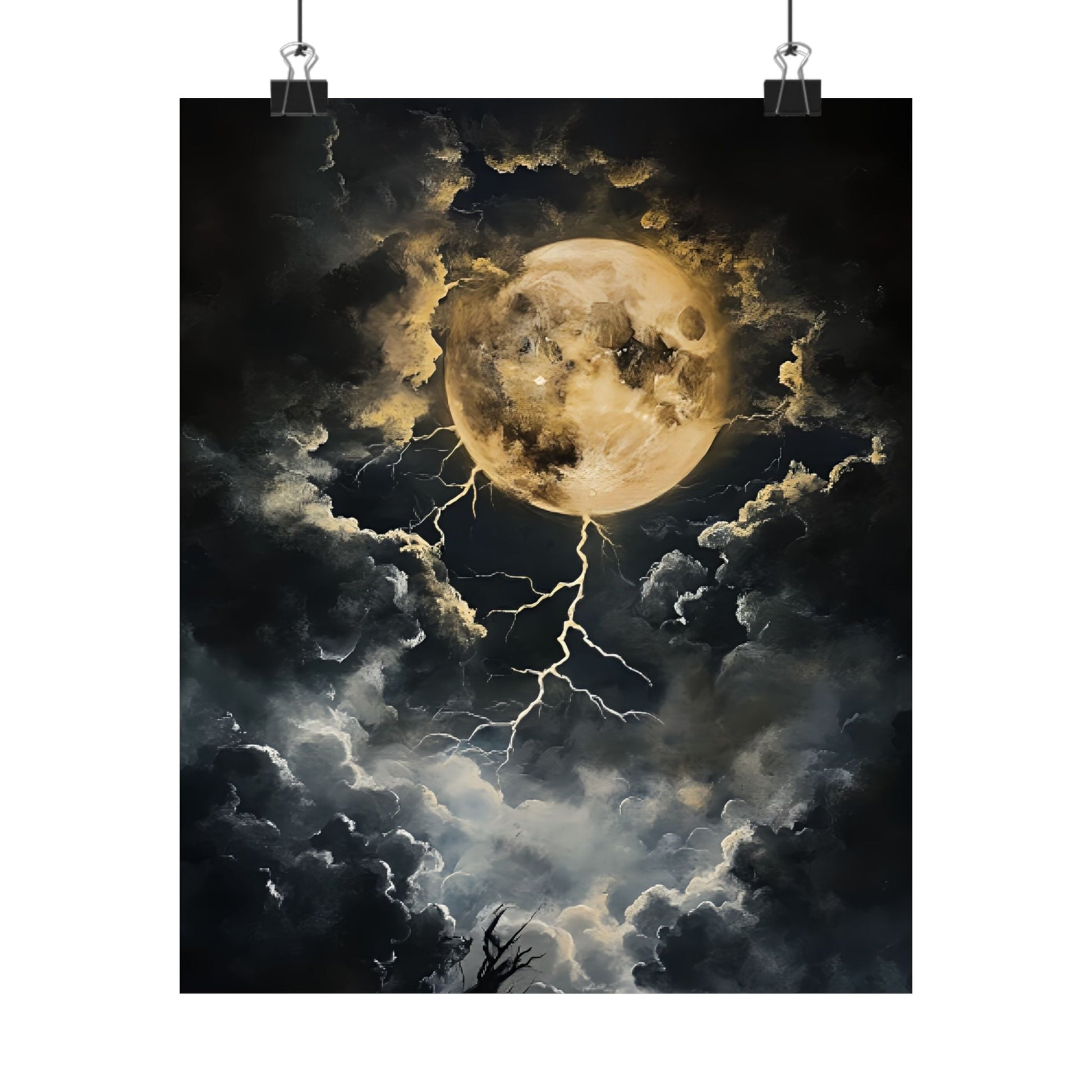 Dark Celestial Moon Wall Art Print - Moody Clouds Painting - Moonlight Night Sky Lightning Poster - Boo and Bewear