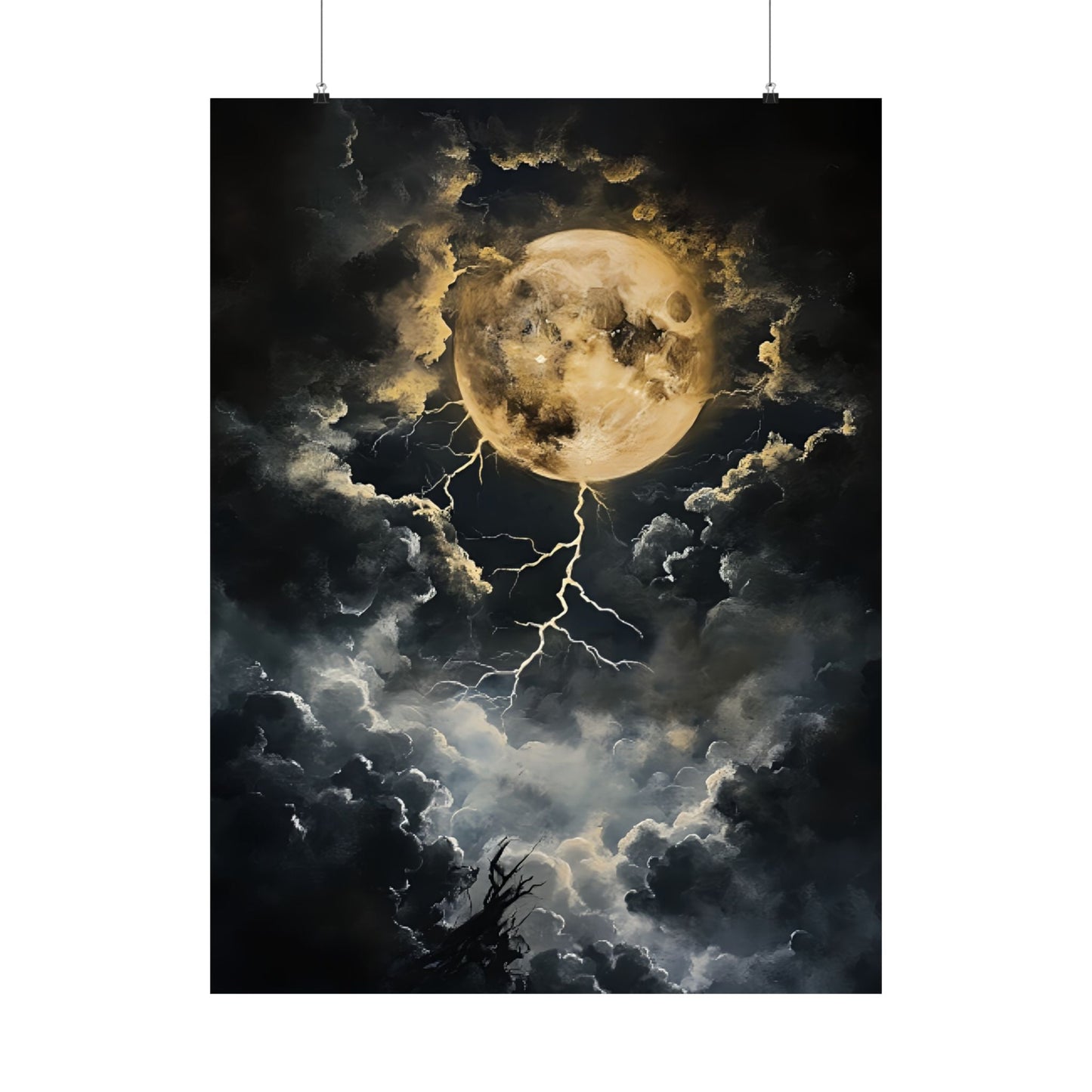 Dark Celestial Moon Wall Art Print - Moody Clouds Painting - Moonlight Night Sky Lightning Poster - Boo and Bewear