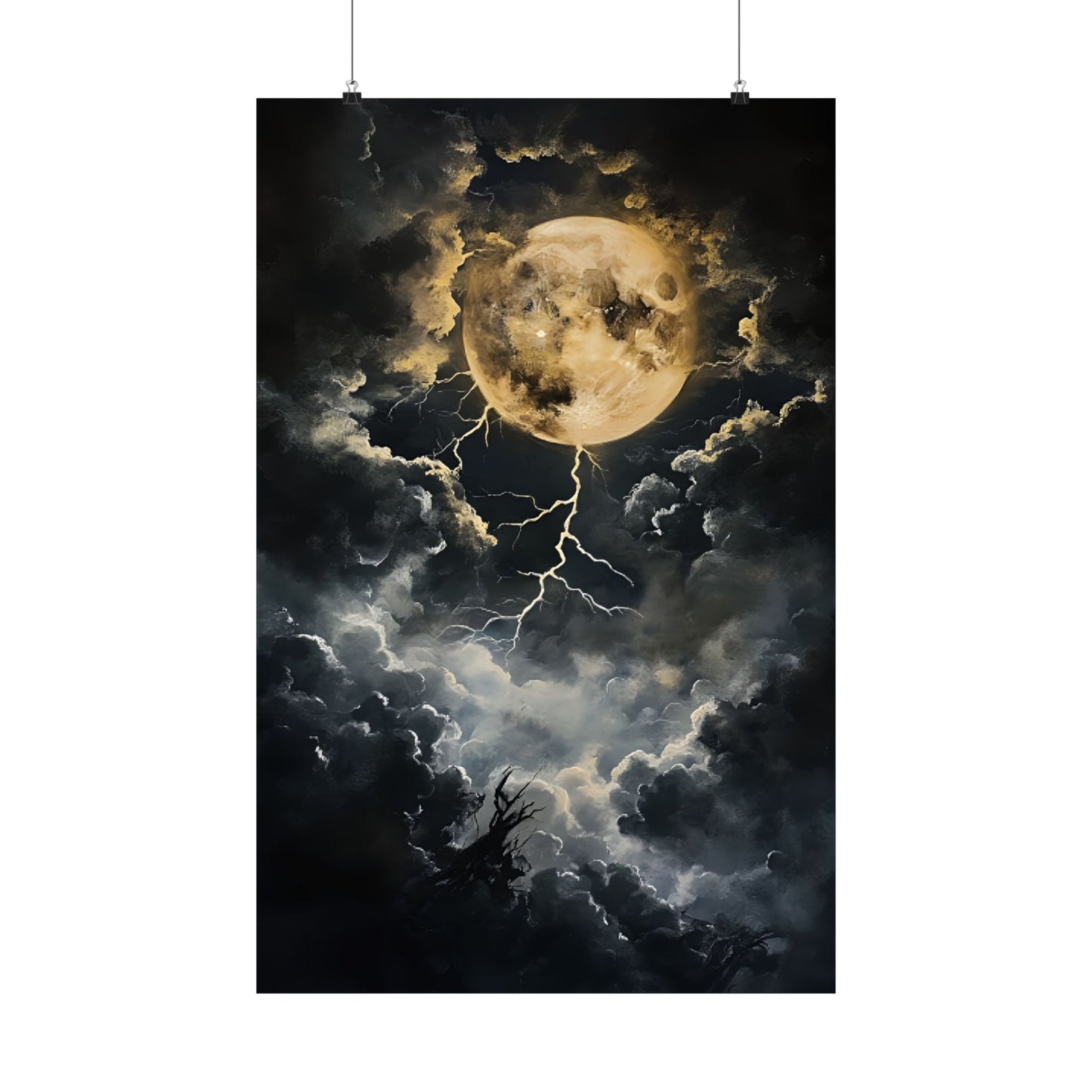 Dark Celestial Moon Wall Art Print - Moody Clouds Painting - Moonlight Night Sky Lightning Poster