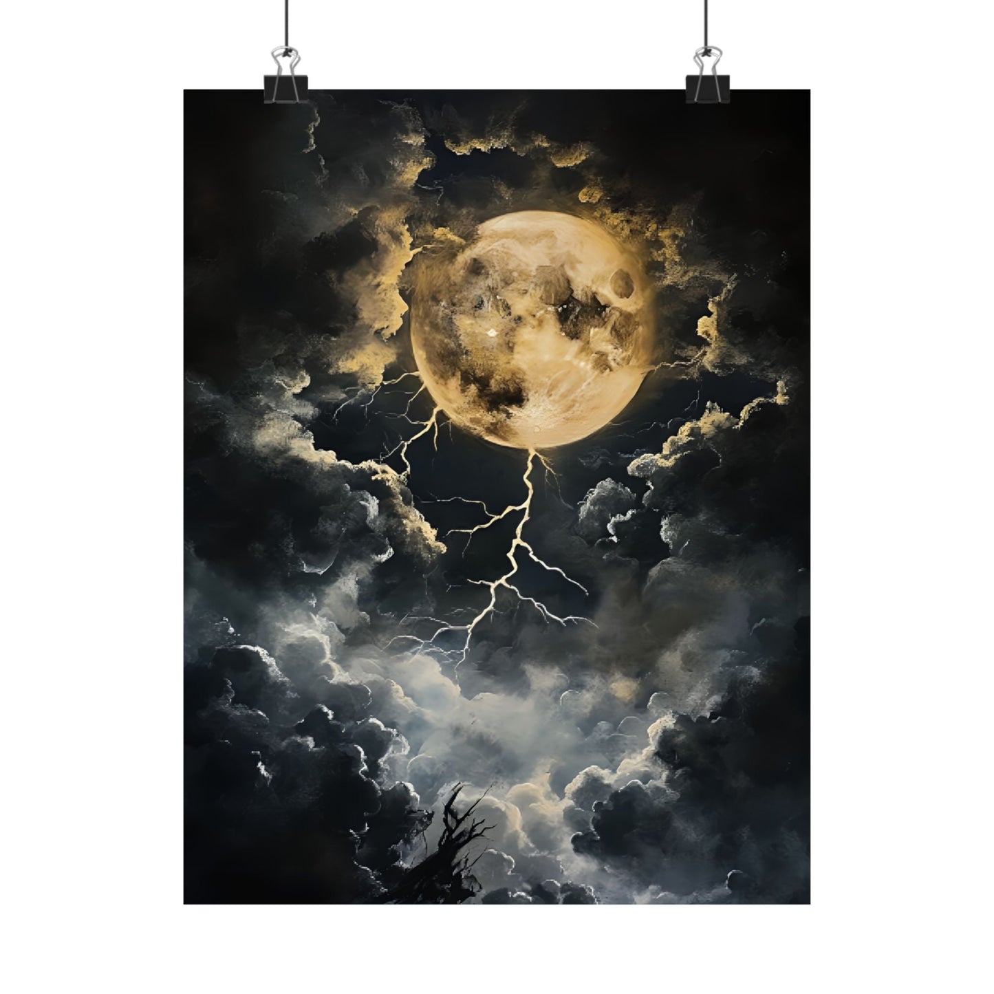 Dark Celestial Moon Wall Art Print - Moody Clouds Painting - Moonlight Night Sky Lightning Poster - Boo and Bewear