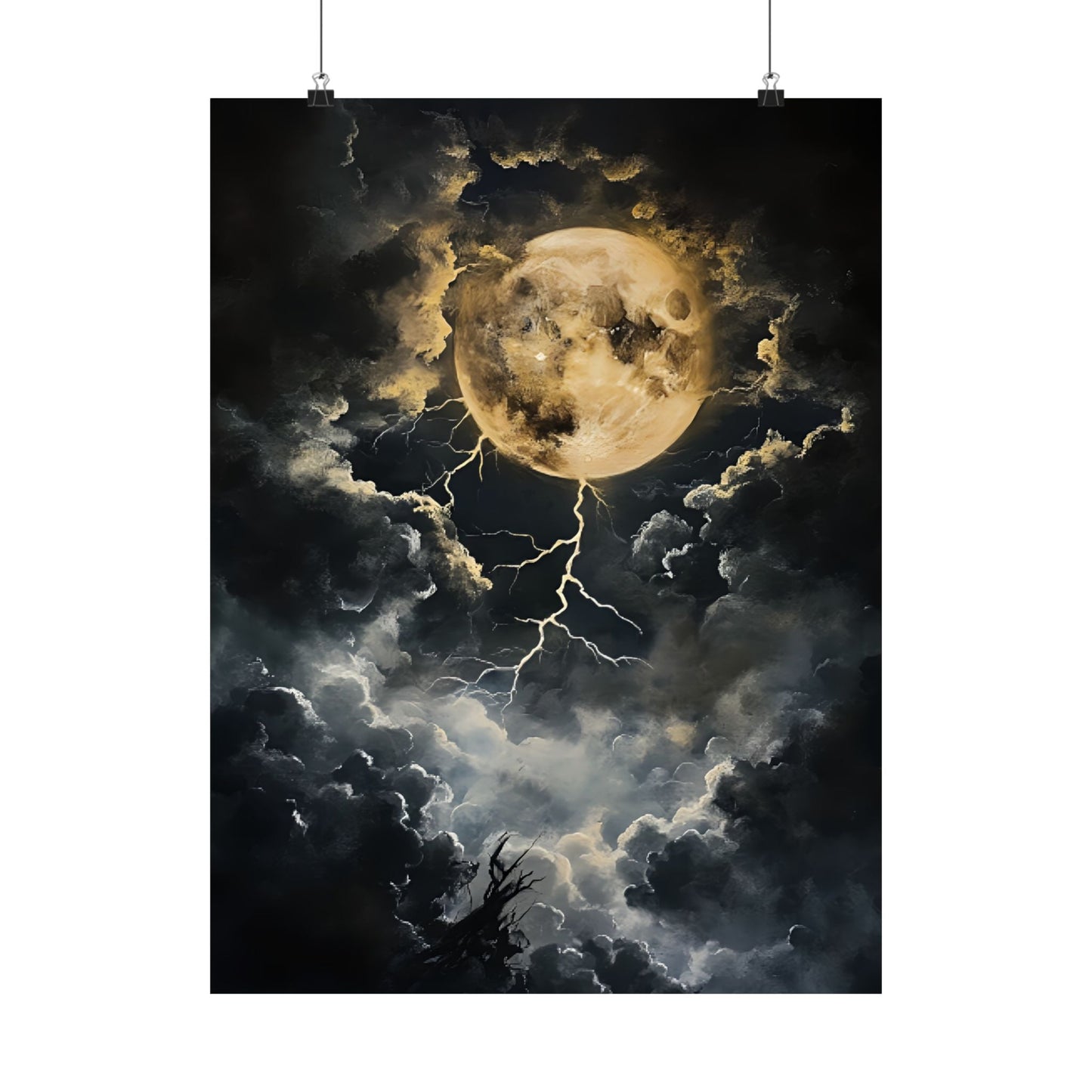 Dark Celestial Moon Wall Art Print - Moody Clouds Painting - Moonlight Night Sky Lightning Poster - Boo and Bewear