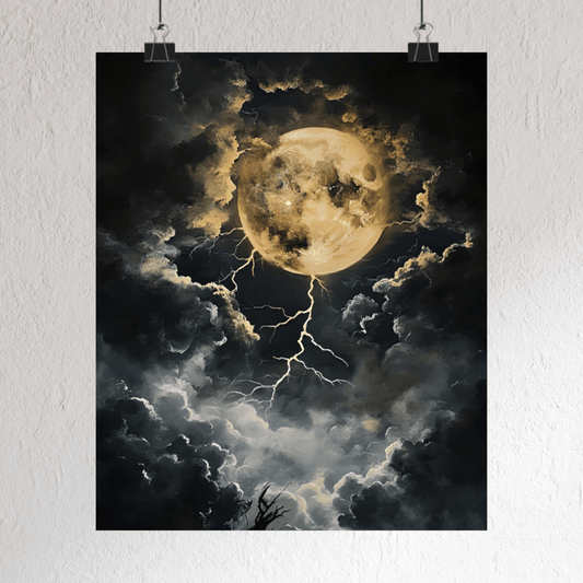 Dark Celestial Moon Wall Art Print - Moody Clouds Painting - Moonlight Night Sky Lightning Poster - Boo and Bewear