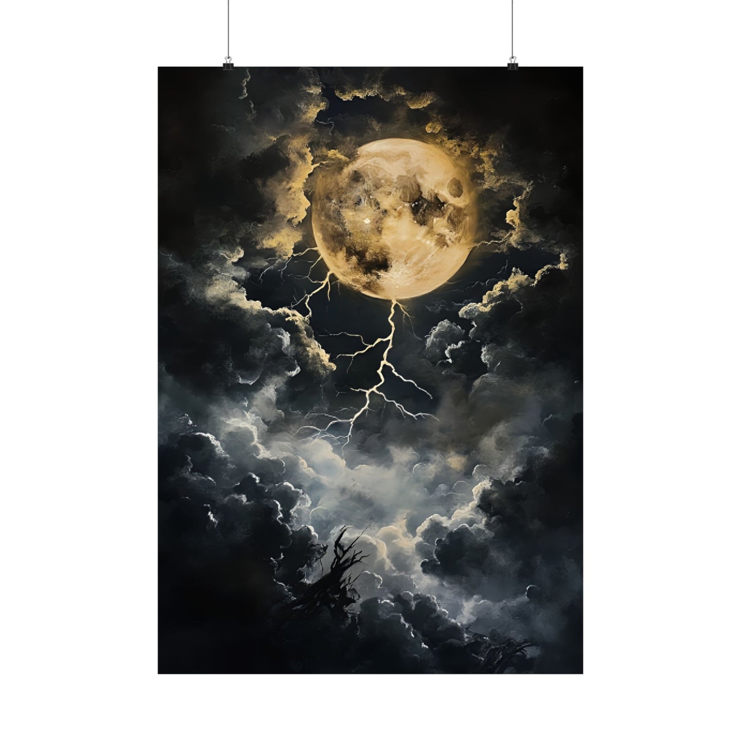 Dark Celestial Moon Wall Art Print - Moody Clouds Painting - Moonlight Night Sky Lightning Poster