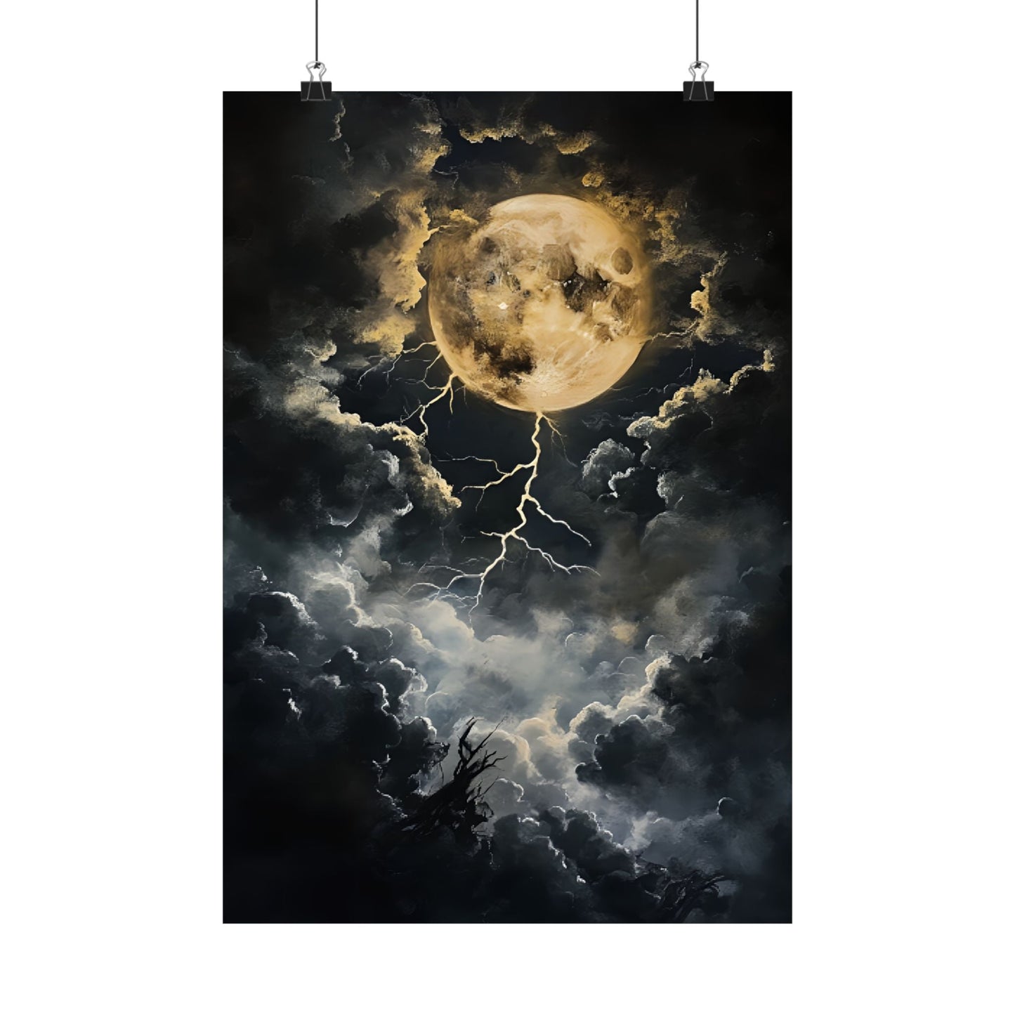 Dark Celestial Moon Wall Art Print - Moody Clouds Painting - Moonlight Night Sky Lightning Poster