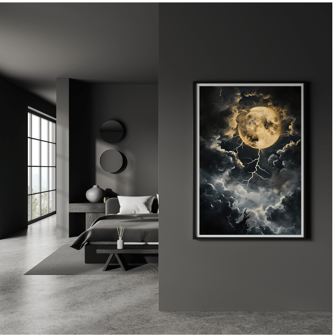 Dark Celestial Moon Wall Art Print - Moody Clouds Painting - Moonlight Night Sky Lightning Poster