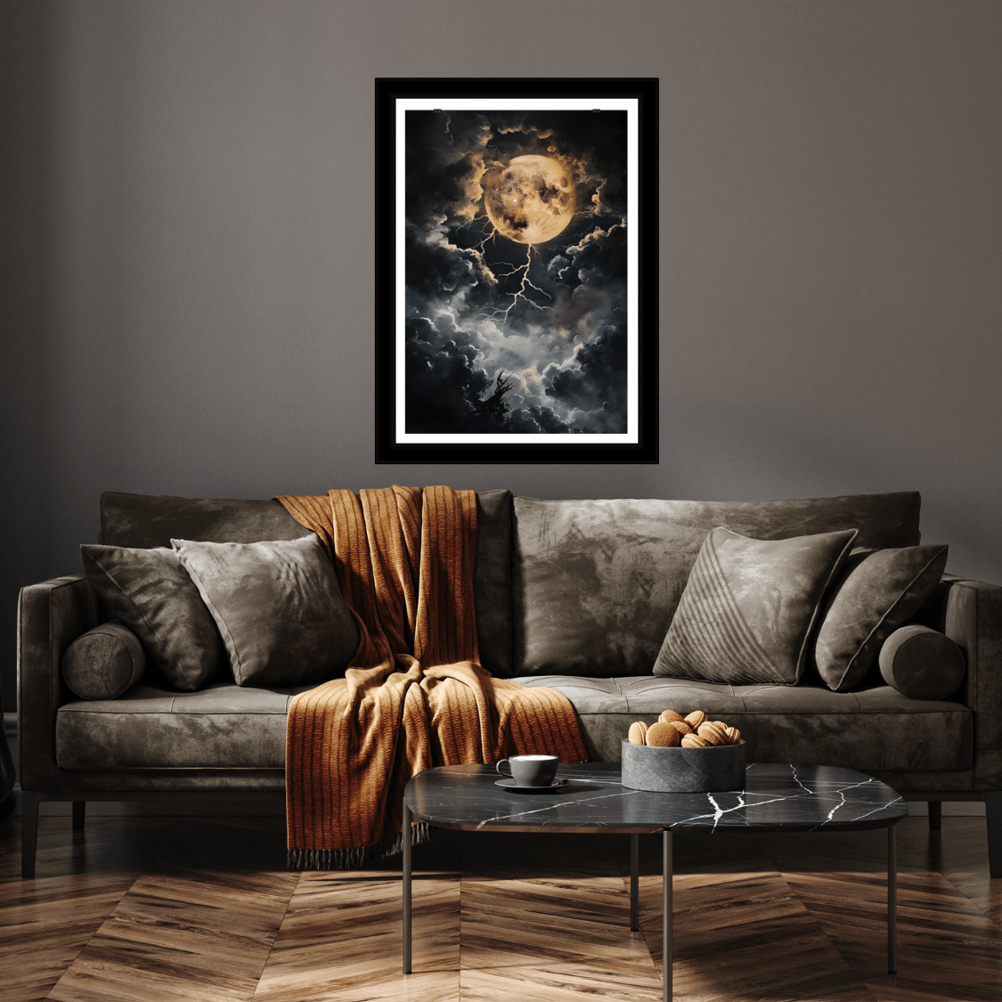 Dark Celestial Moon Wall Art Print - Moody Clouds Painting - Moonlight Night Sky Lightning Poster