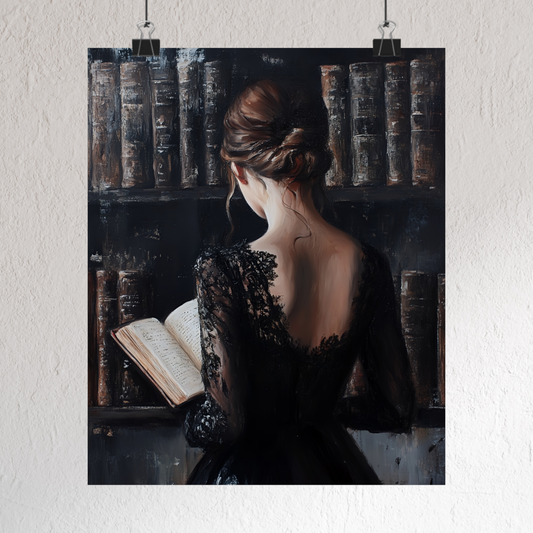 Dark Academia Wall Art Print, Vintage Victorian Woman Reading in Library Poster, Moody Bookish Painting