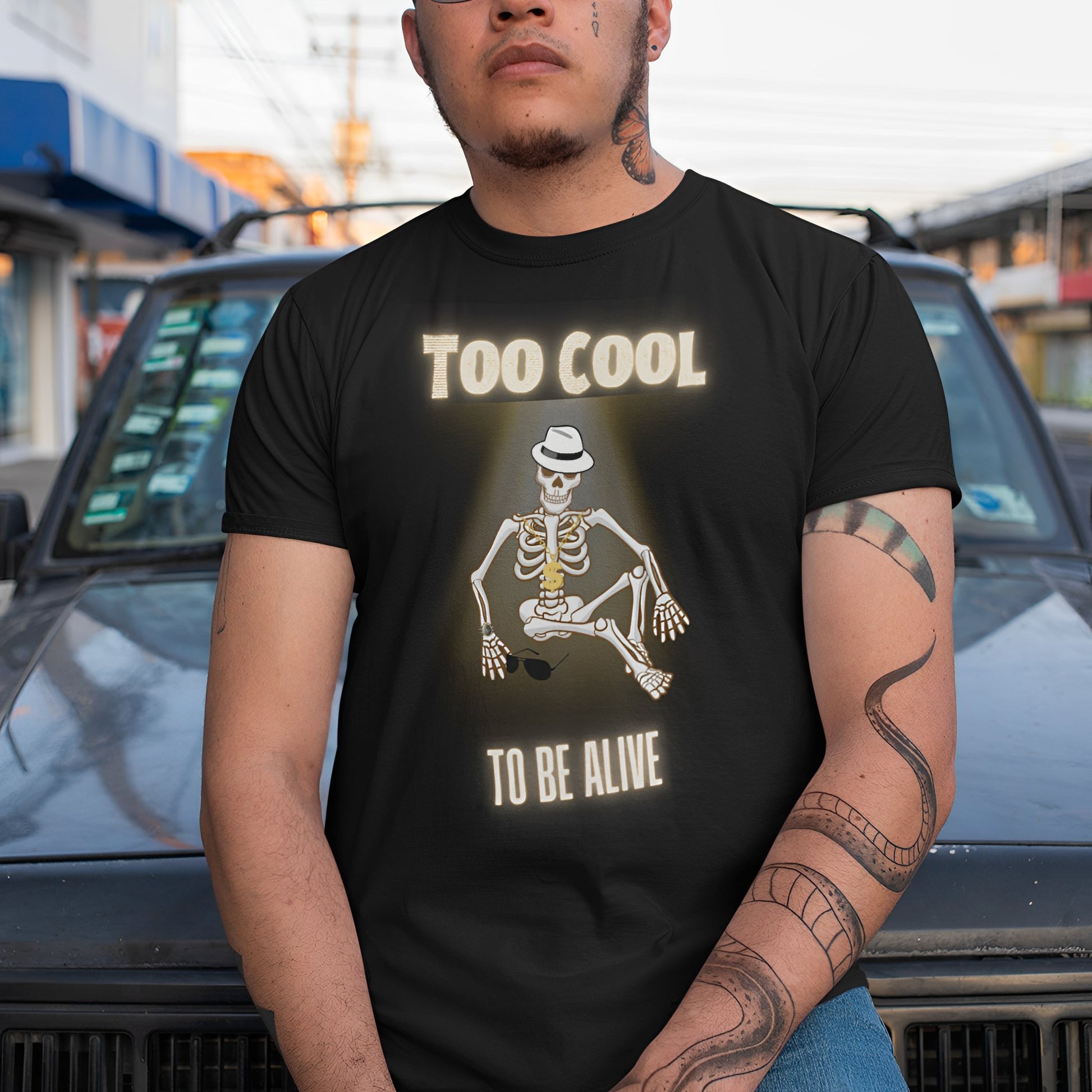 Funny and Spooky Skeleton T-Shirt - Too Cool To Be Alive - Boo and Bewear