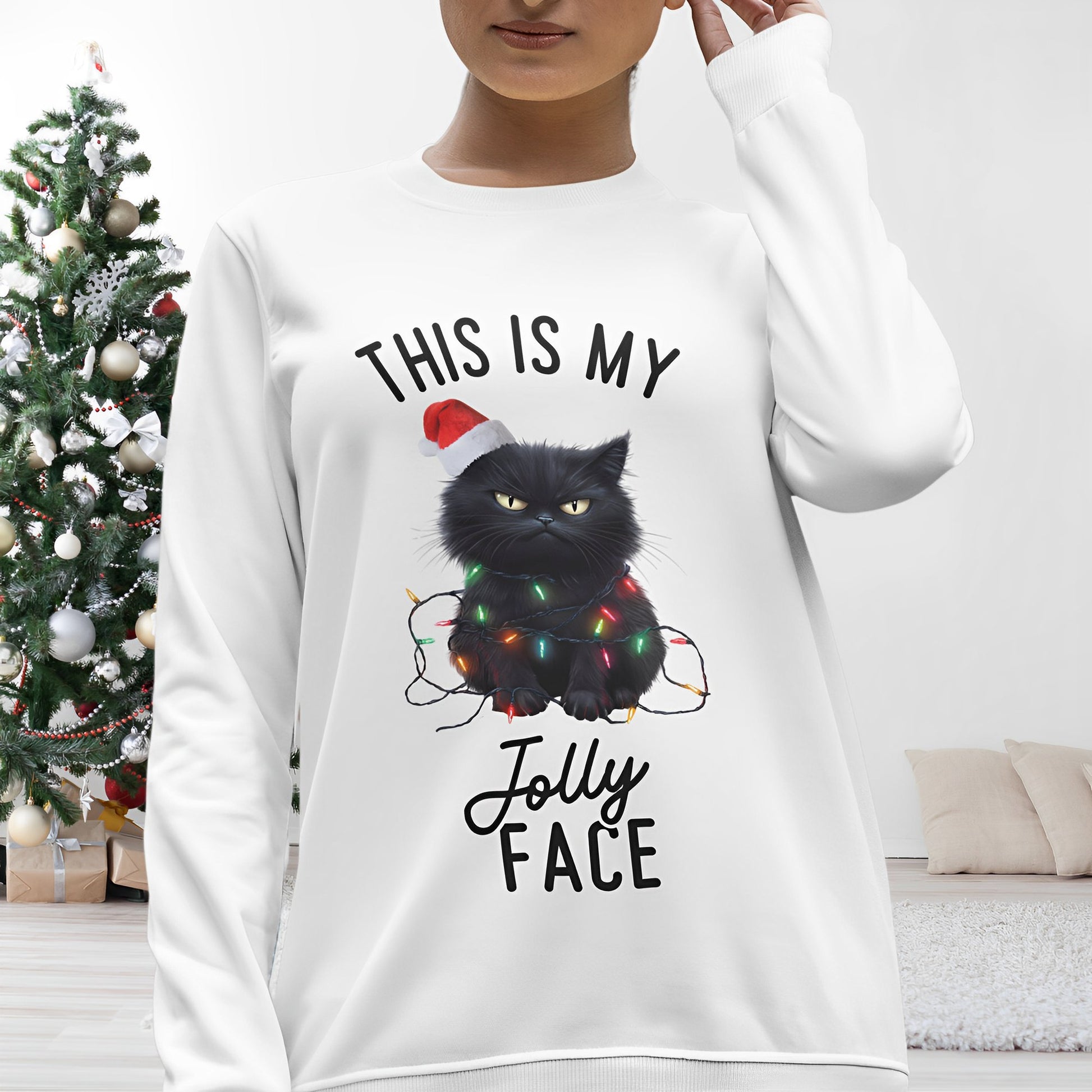 Funny Black Cat Christmas Sweatshirt - This Is My Jolly Face - Boo and Bewear