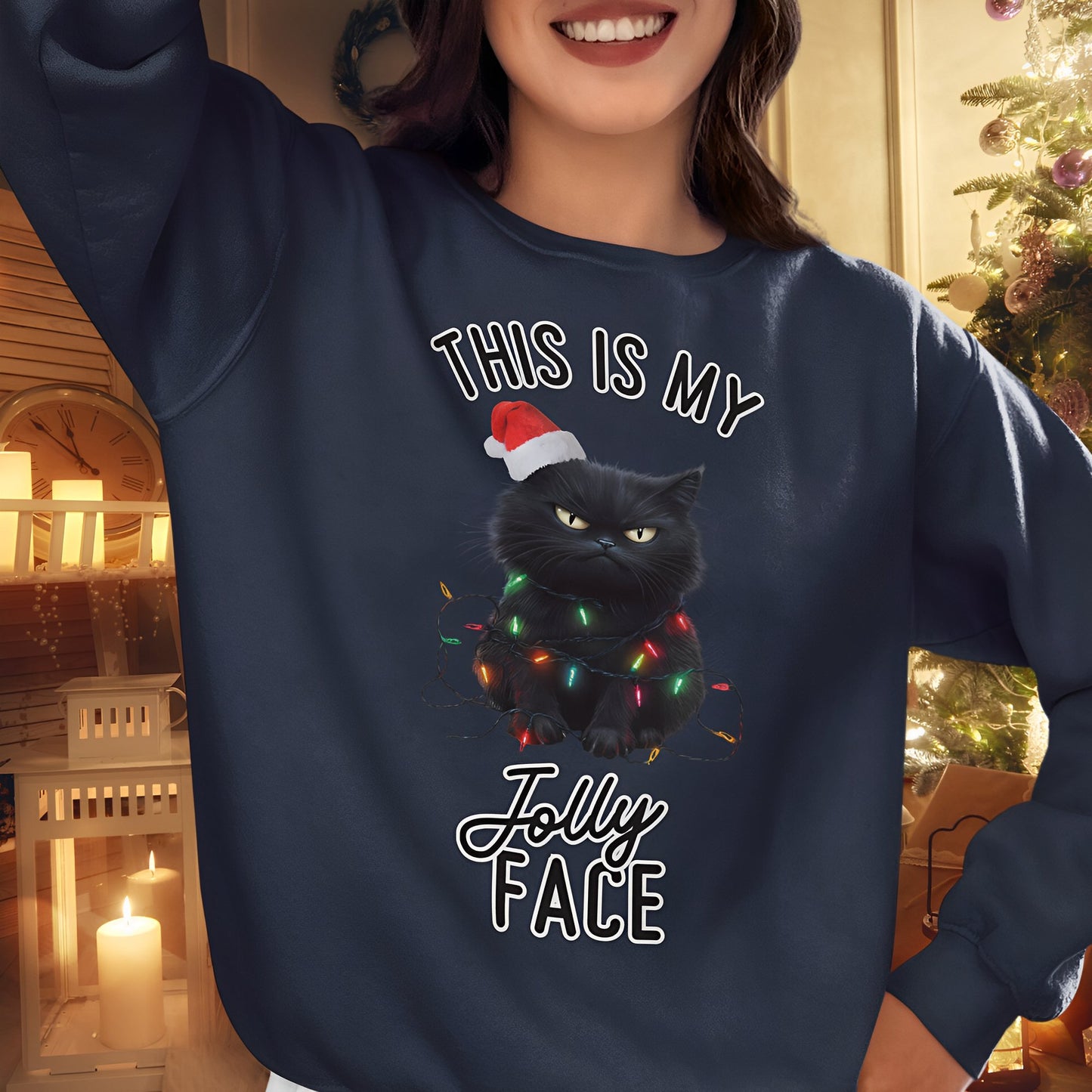 Funny Black Cat Christmas Sweatshirt - This Is My Jolly Face - Boo and Bewear