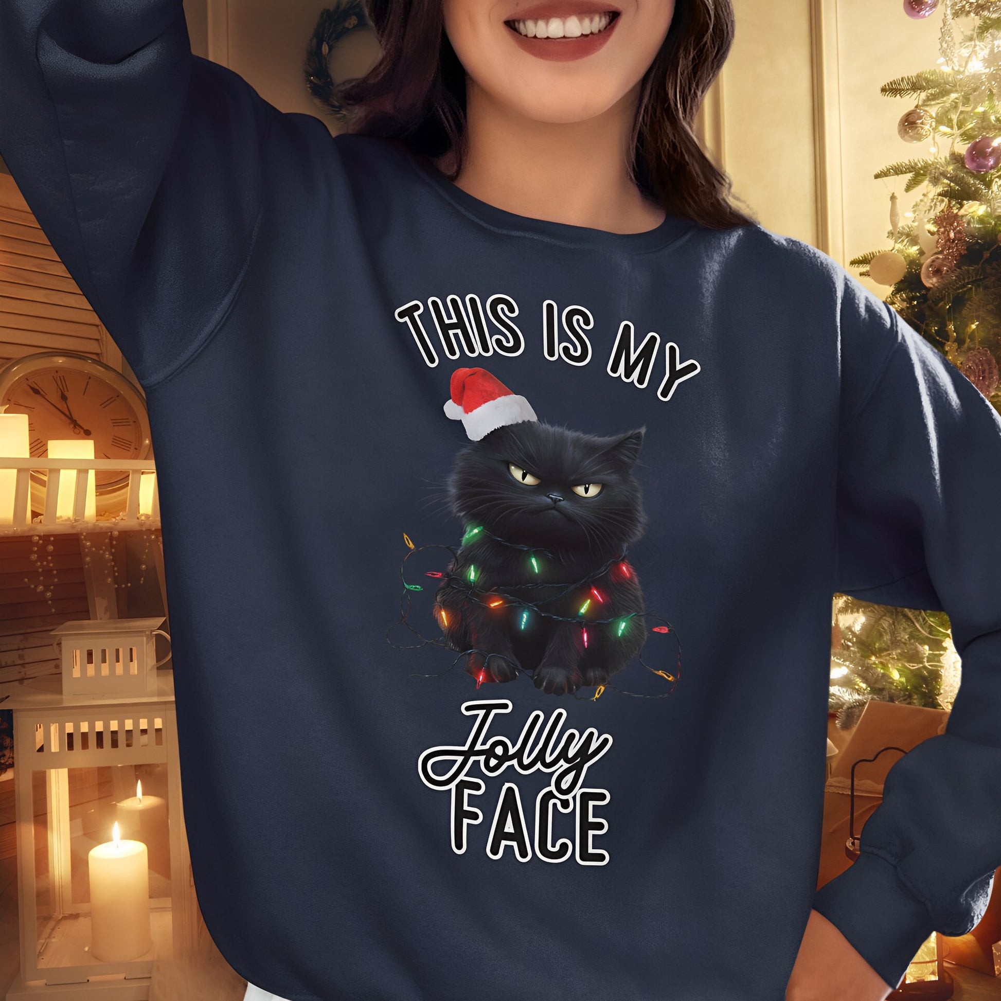 Funny Black Cat Christmas Sweatshirt - This Is My Jolly Face - Boo and Bewear