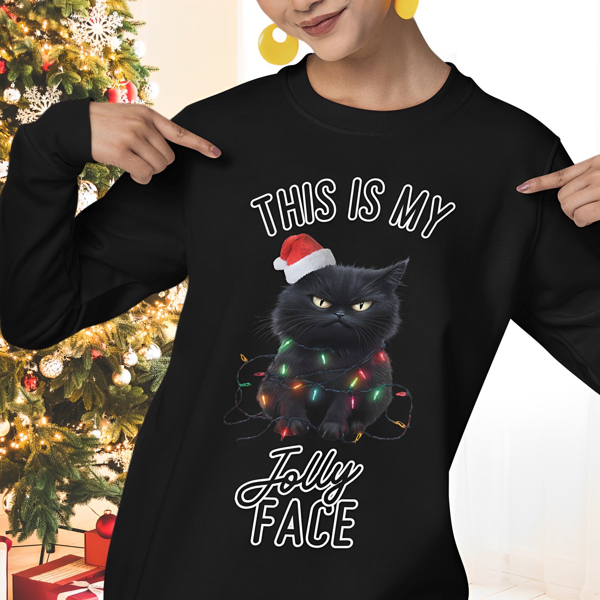 Funny Black Cat Christmas Sweatshirt - This Is My Jolly Face - Boo and Bewear