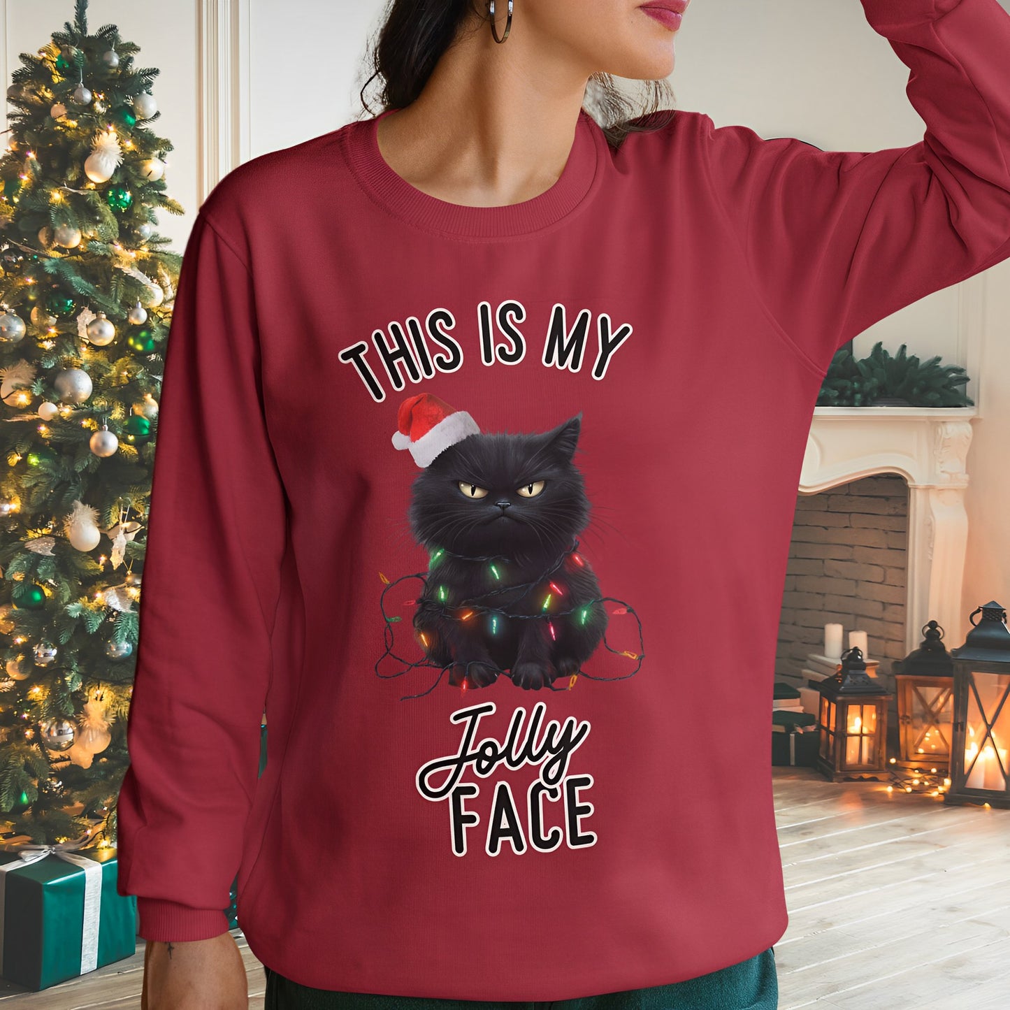 Funny Black Cat Christmas Sweatshirt - This Is My Jolly Face - Boo and Bewear