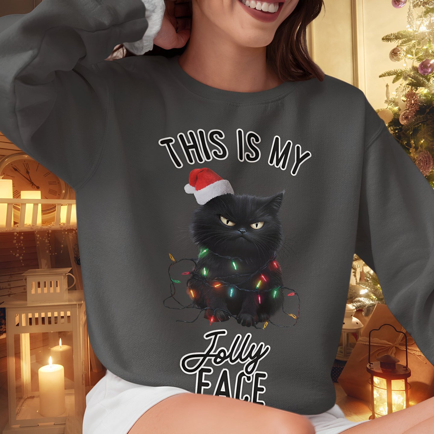 Funny Black Cat Christmas Sweatshirt - This Is My Jolly Face - Boo and Bewear