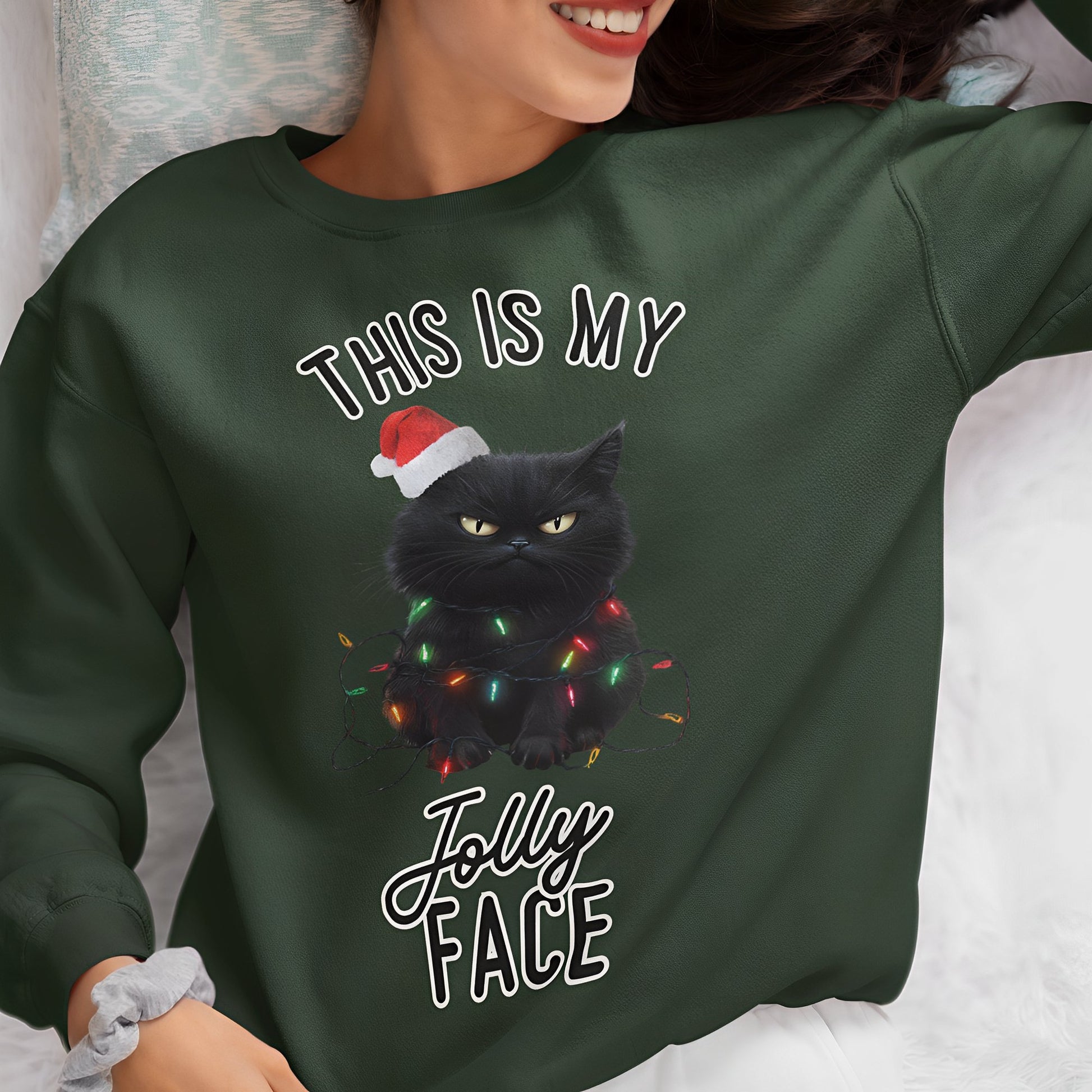 Funny Black Cat Christmas Sweatshirt - This Is My Jolly Face - Boo and Bewear