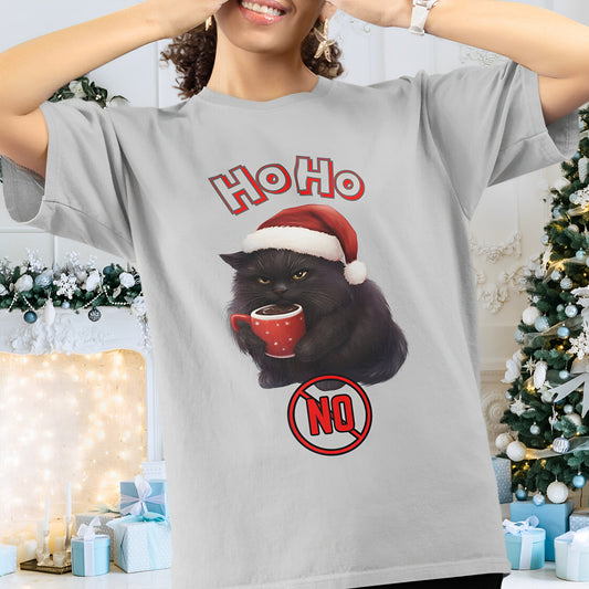 Funny Black Cat Christmas T-Shirt for Coffee Lovers - Ho Ho No - Boo and Bewear