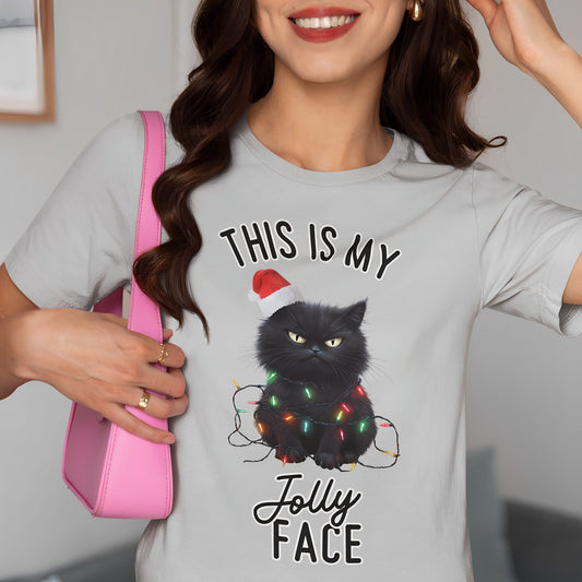 Funny Black Cat Christmas T-Shirt - This Is My Jolly Face - Boo and Bewear