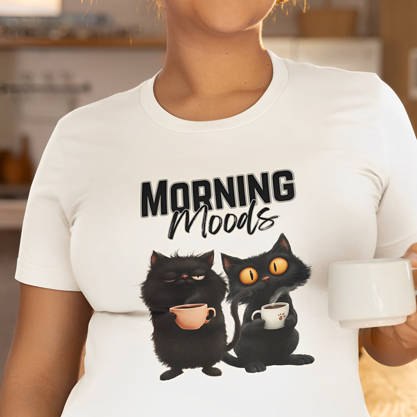 Funny Black Cat T-Shirt for Coffee Lovers - Morning Moods - Boo and Bewear