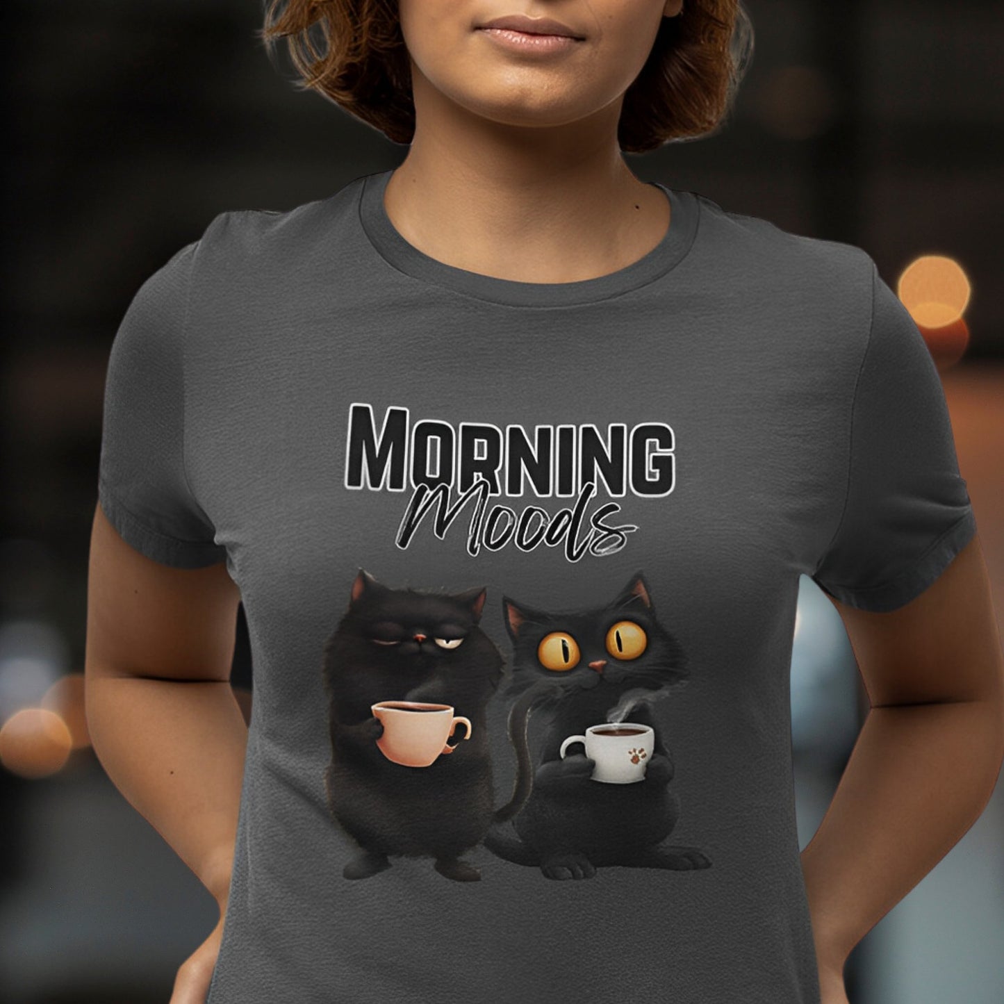 Funny Black Cat T-Shirt for Coffee Lovers - Morning Moods - Boo and Bewear