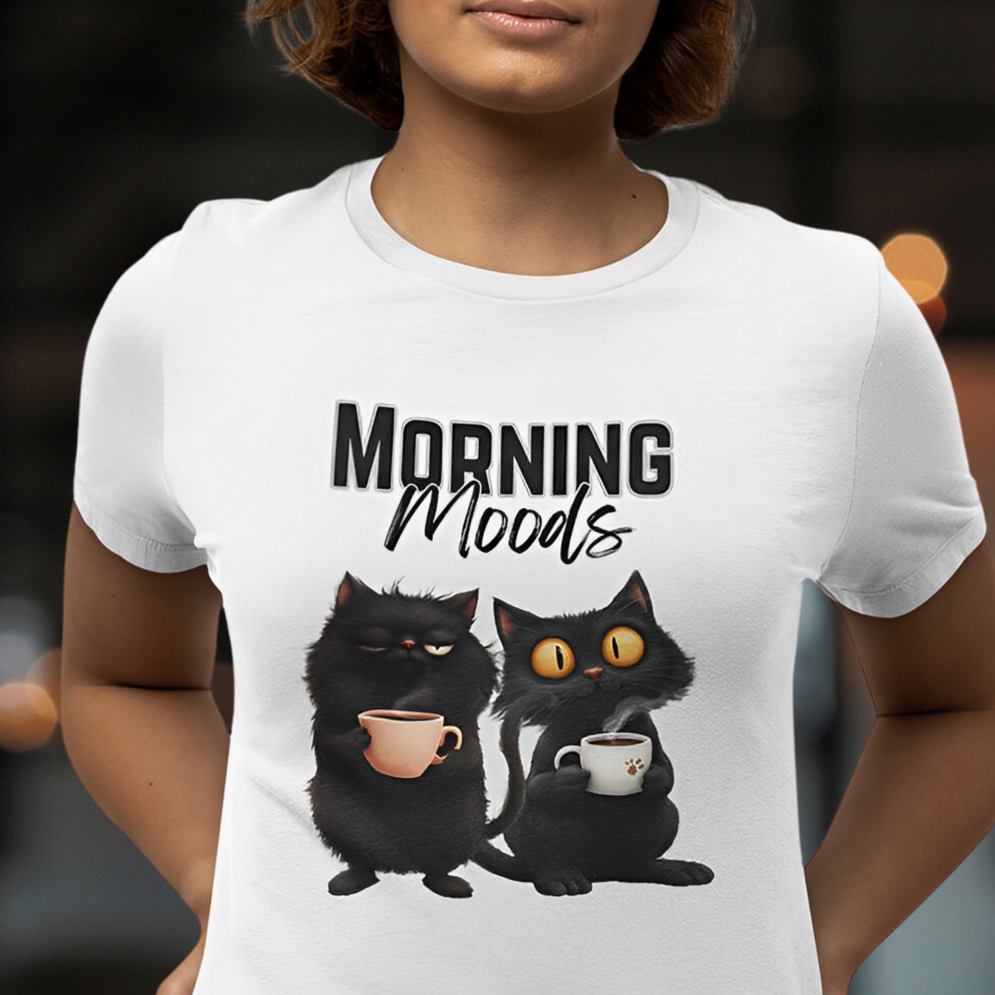 Funny Black Cat T-Shirt for Coffee Lovers - Morning Moods - Boo and Bewear