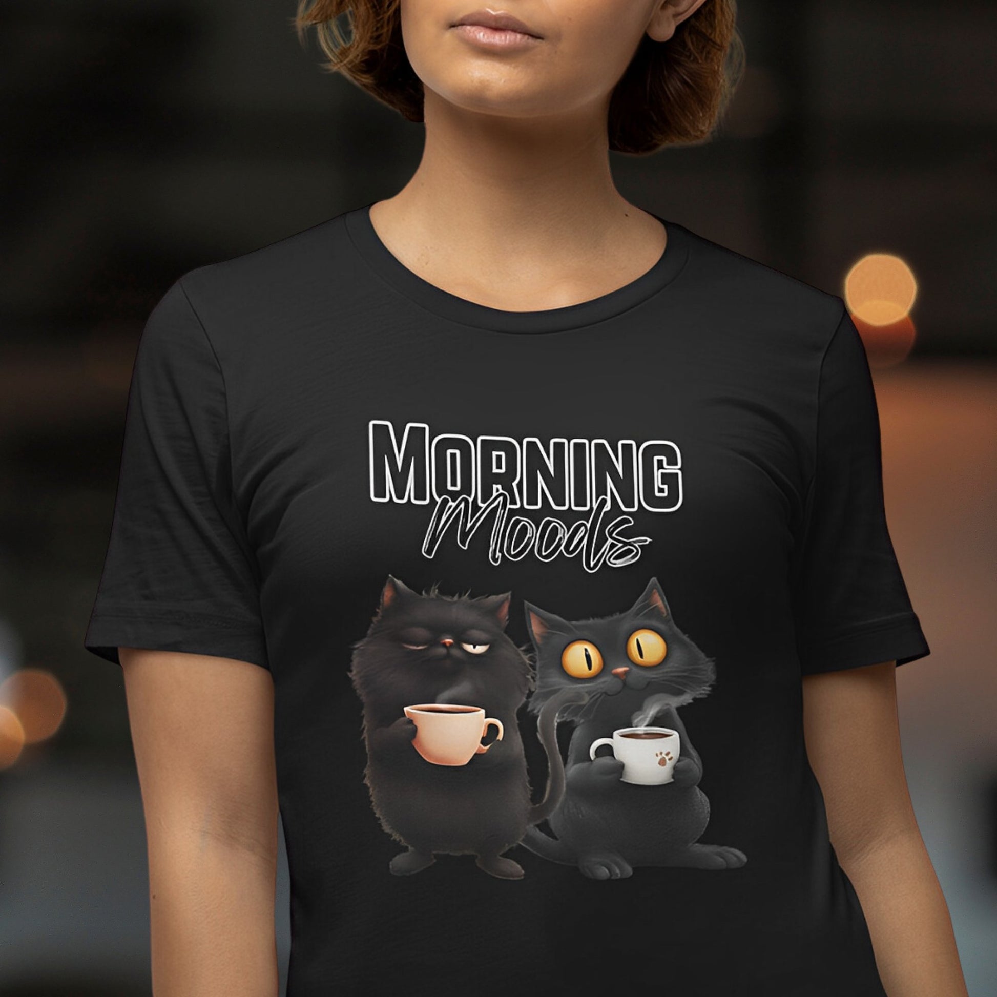 Funny Black Cat T-Shirt for Coffee Lovers - Morning Moods - Boo and Bewear