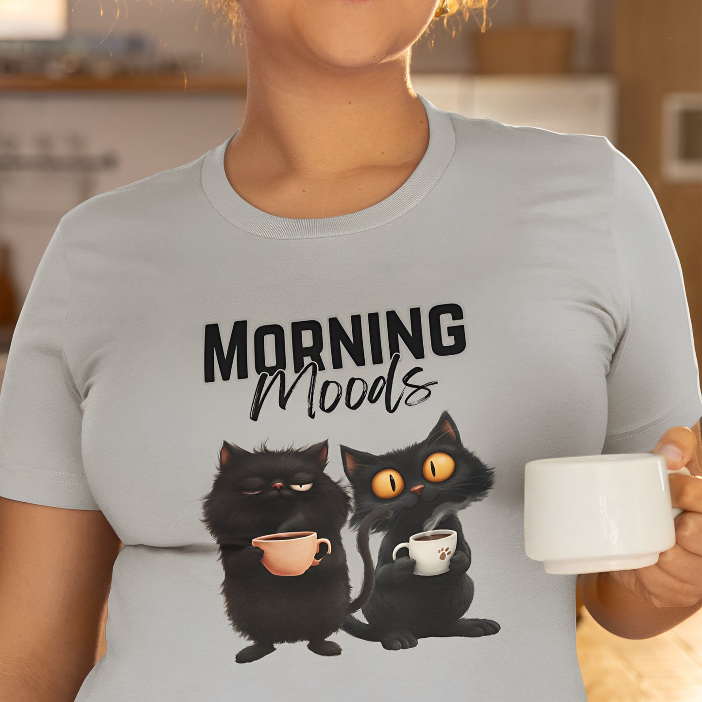 Funny Black Cat T-Shirt for Coffee Lovers - Morning Moods - Boo and Bewear