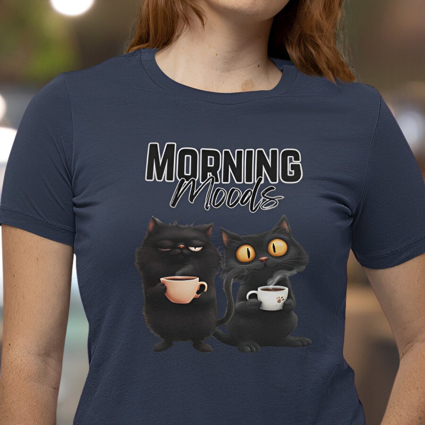 Funny Black Cat T-Shirt for Coffee Lovers - Morning Moods - Boo and Bewear