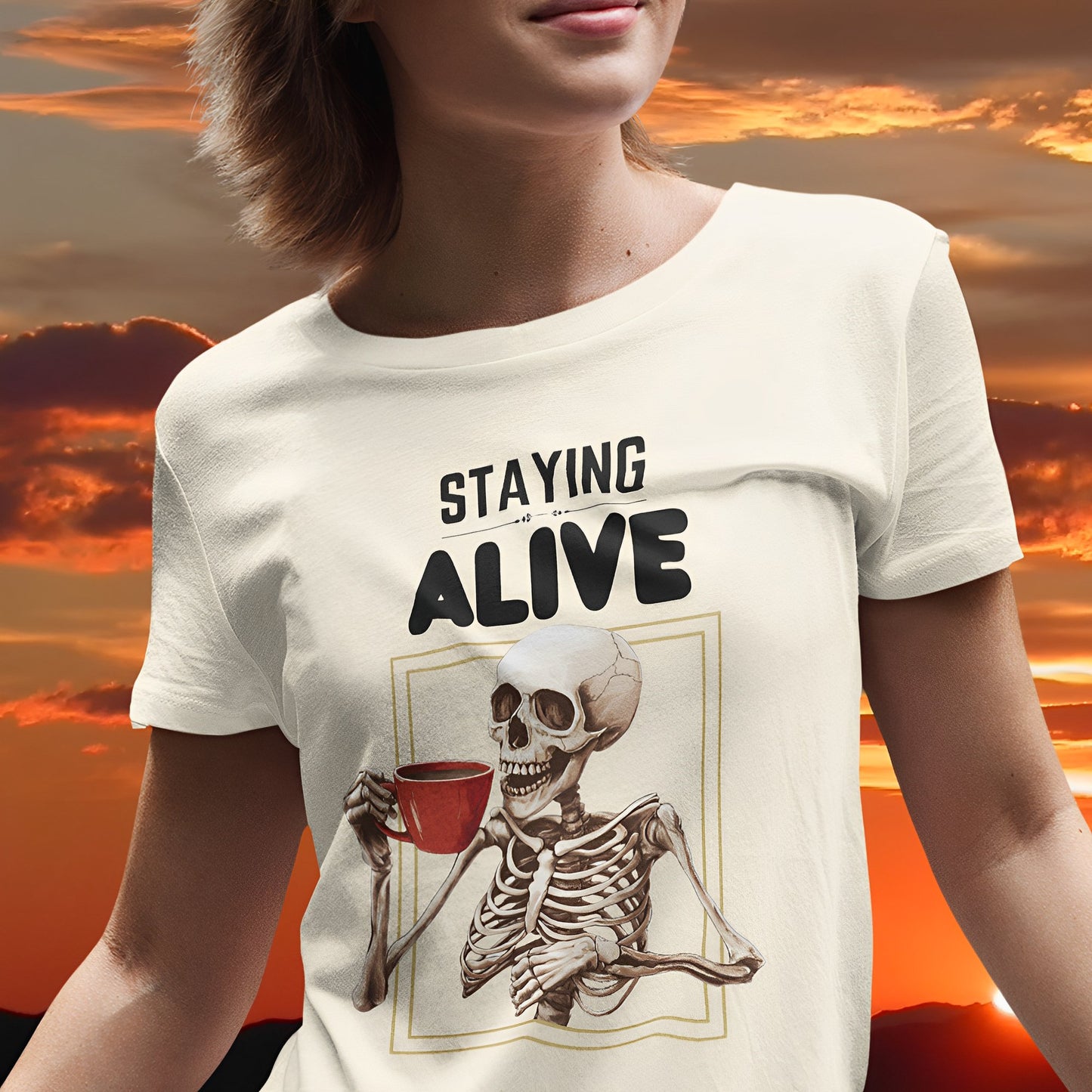 Funny Skeleton T-Shirt for Coffee Lovers - Staying Alive - Boo and Bewear