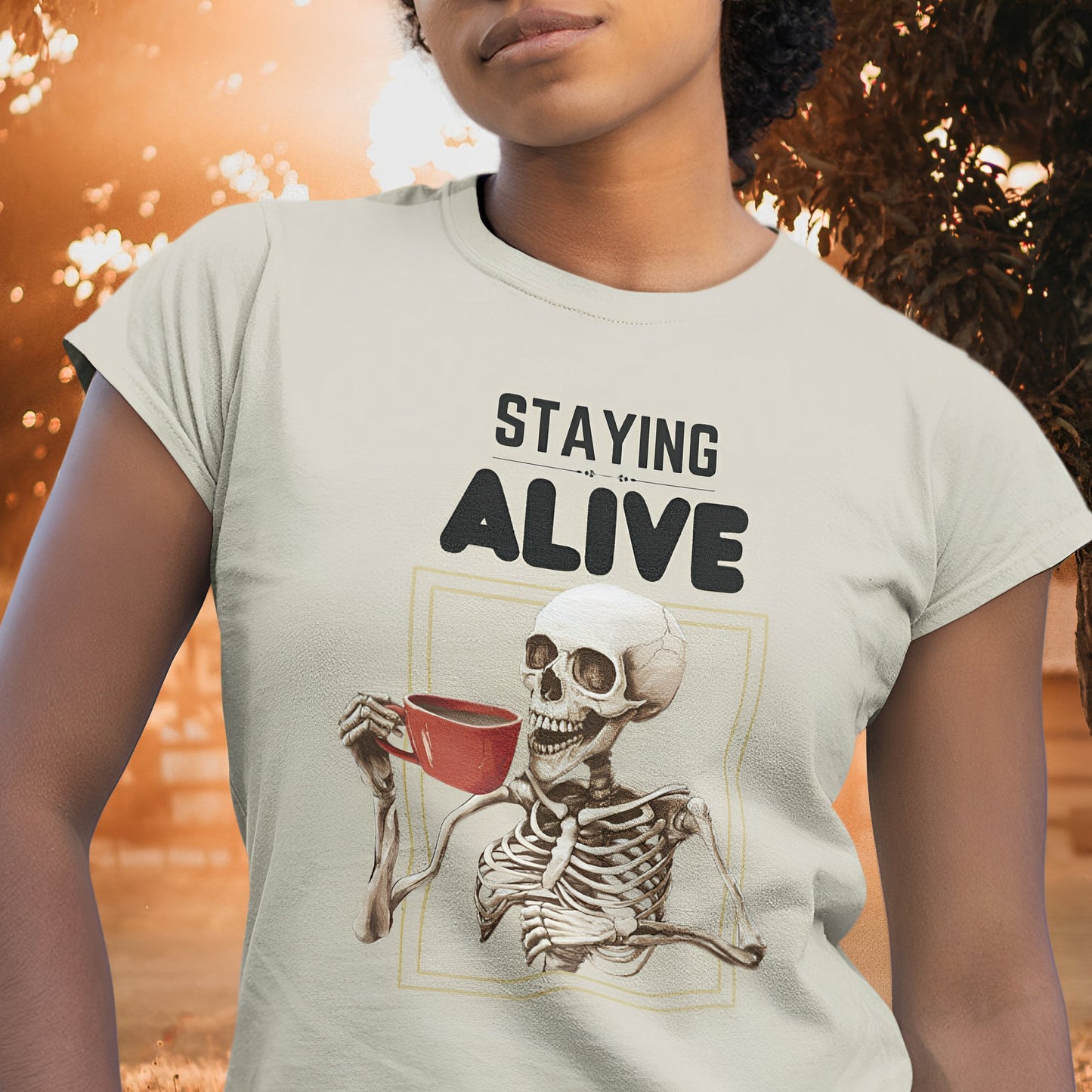 Funny Skeleton T-Shirt for Coffee Lovers - Staying Alive - Boo and Bewear