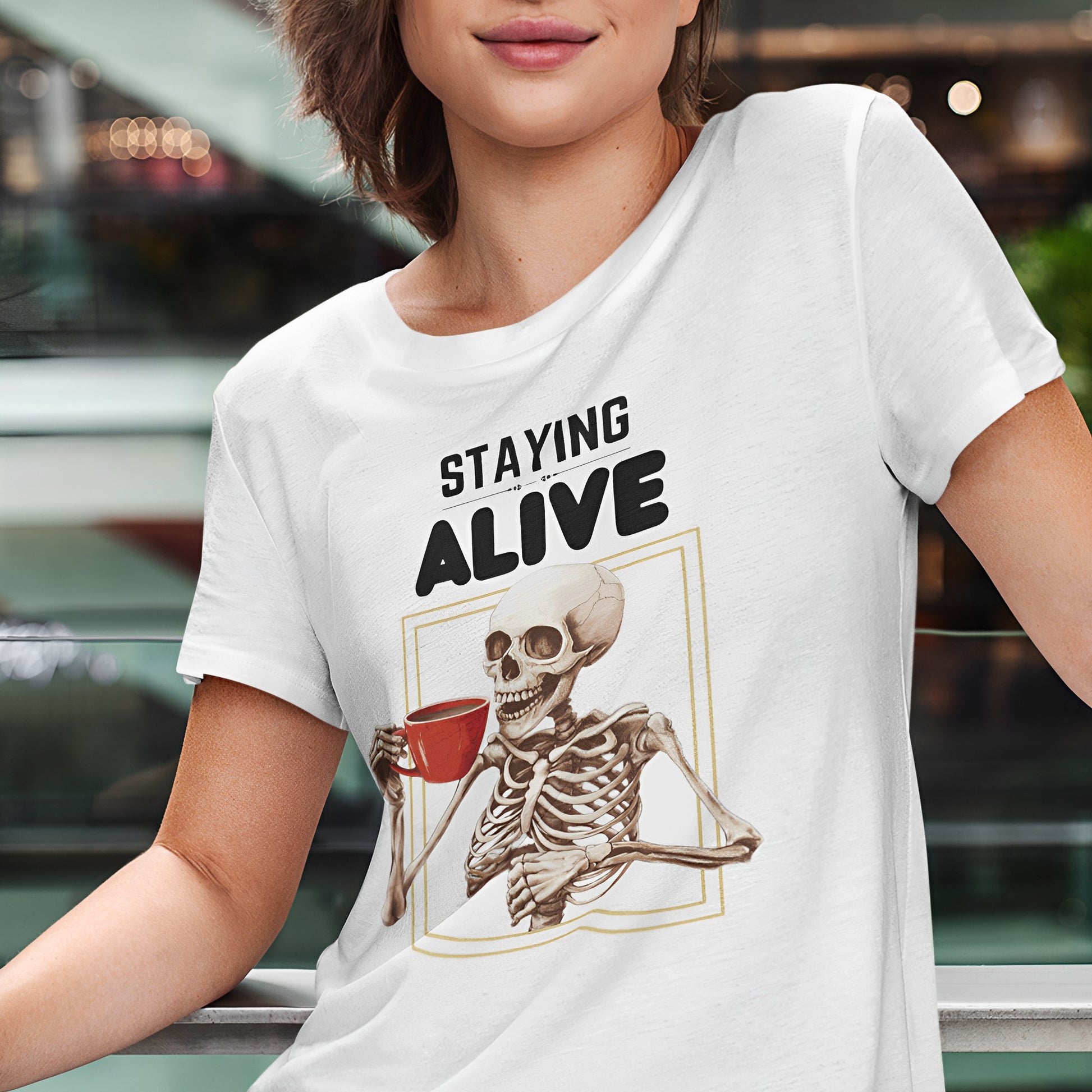 Funny Skeleton T-Shirt for Coffee Lovers - Staying Alive - Boo and Bewear